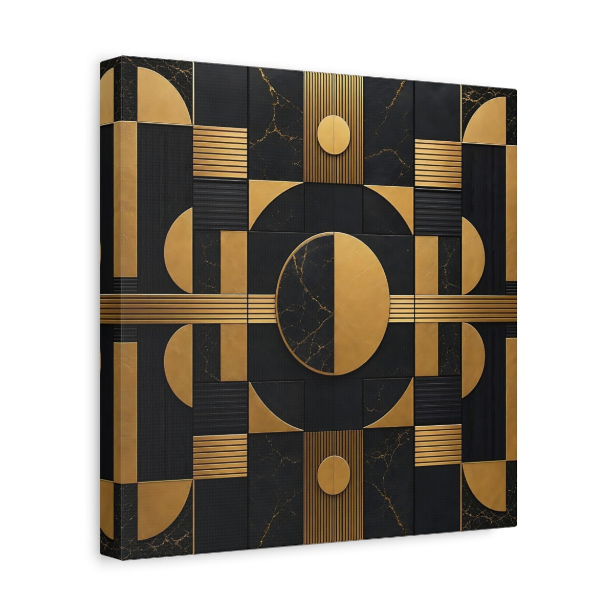 Side Mockup 8. Abstract Geometric Shapes Black And Gold shown as stretched canvas wall art