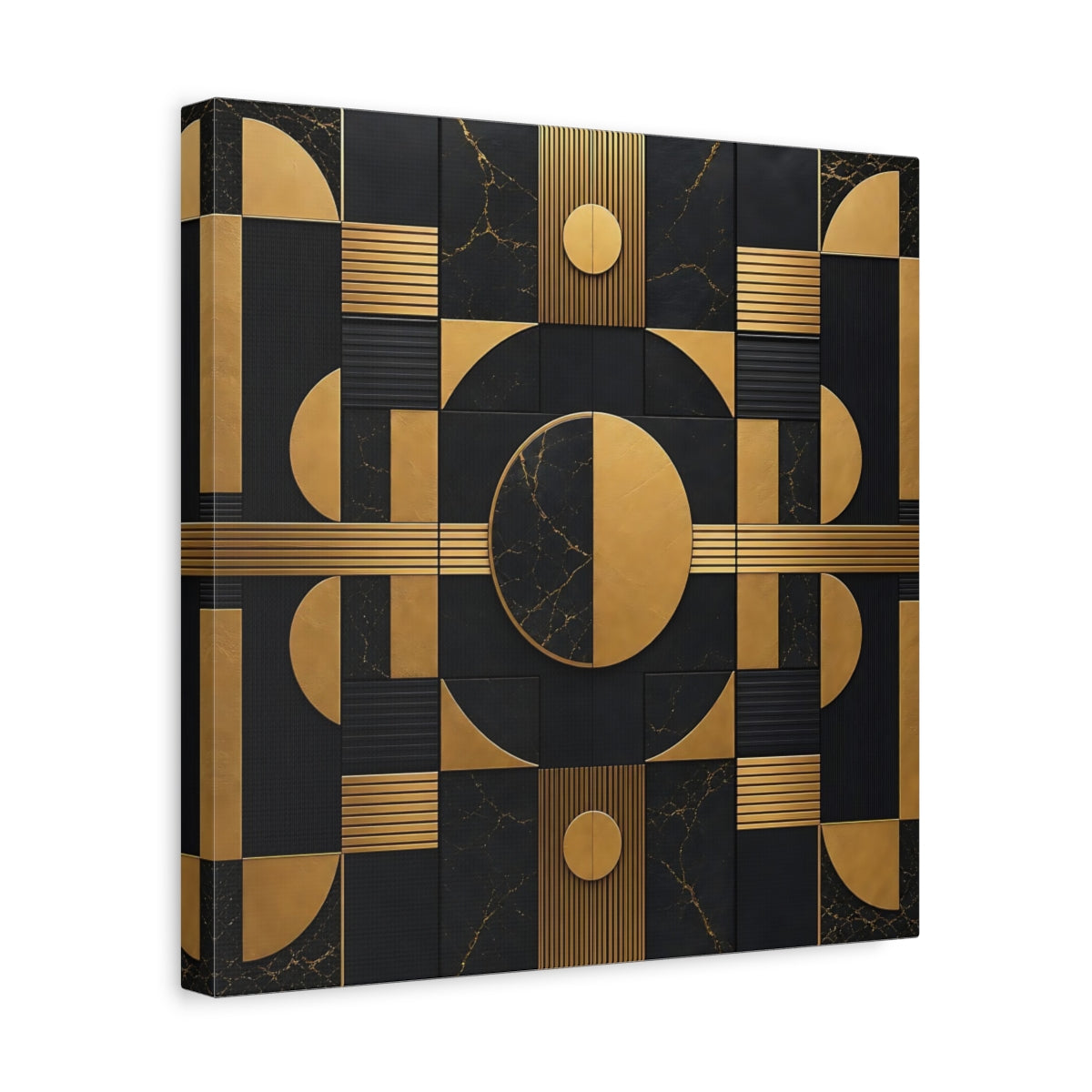 Side Mockup 7. Abstract Geometric Shapes Black And Gold shown as stretched canvas wall art
