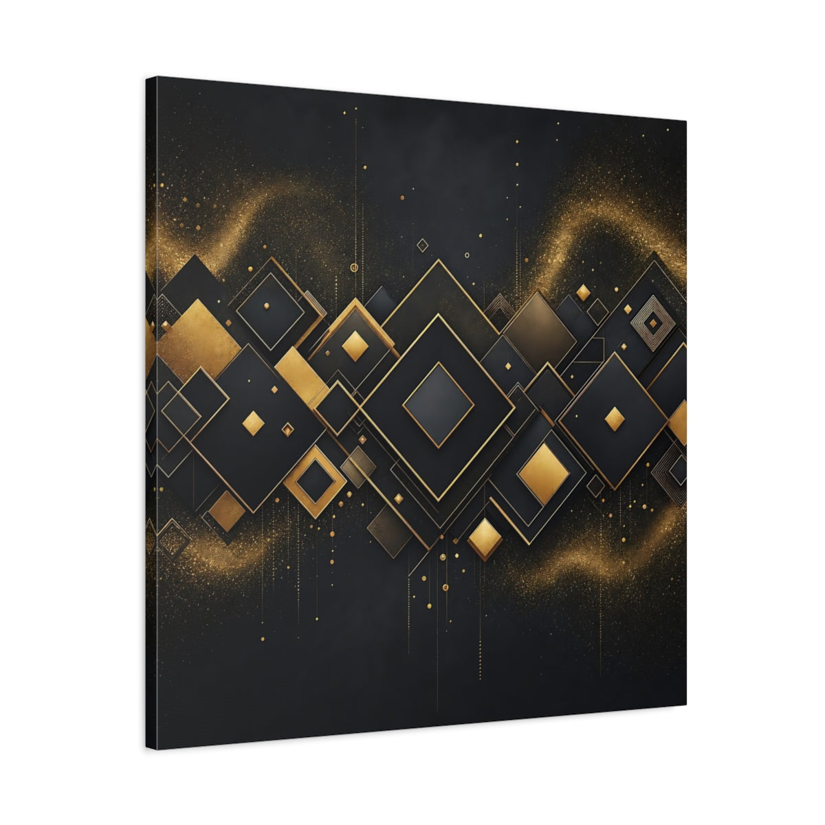 Side Mockup 3. Abstract Geometric Shapes Black And Gold shown as stretched canvas wall art