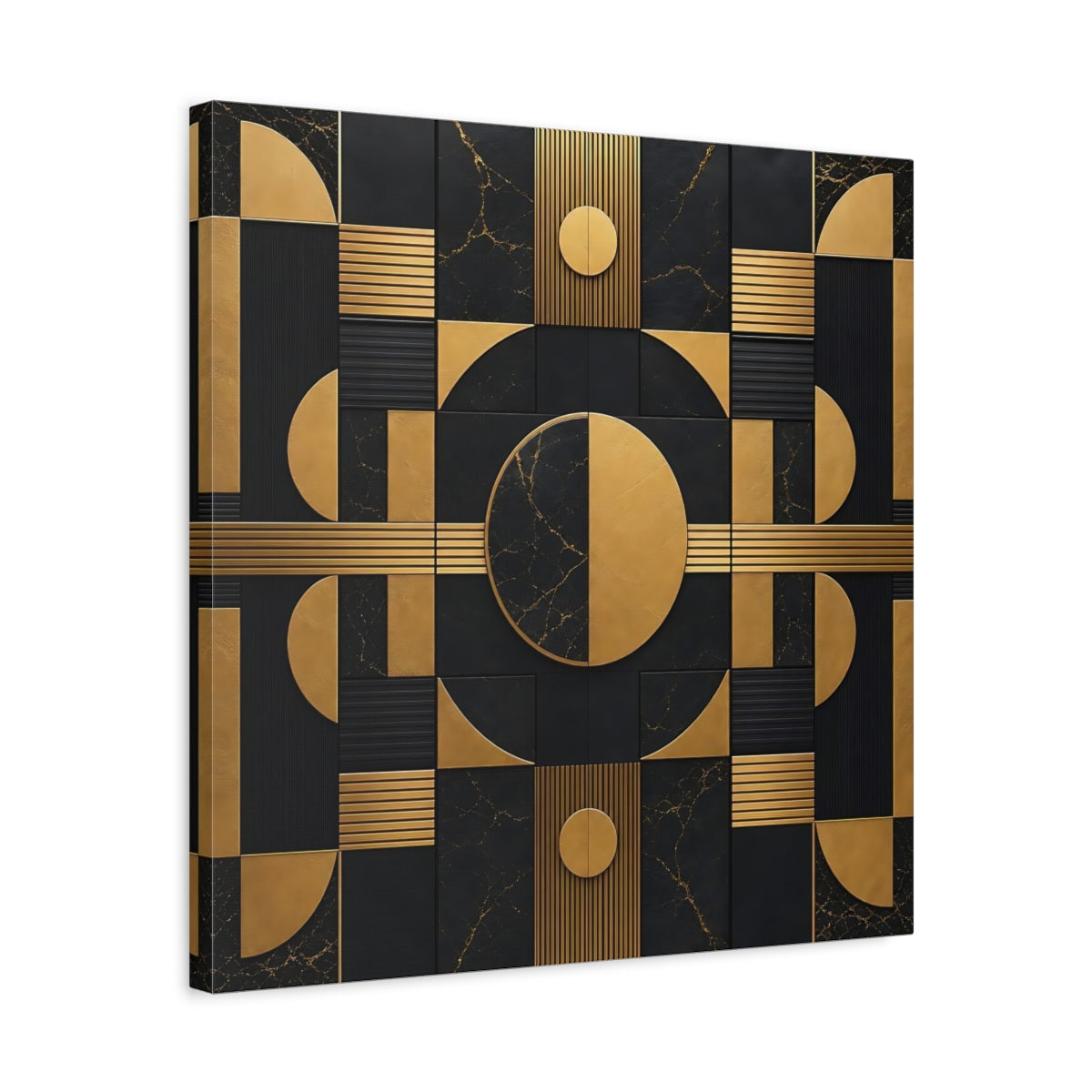 Side Mockup 5. Abstract Geometric Shapes Black And Gold shown as stretched canvas wall art