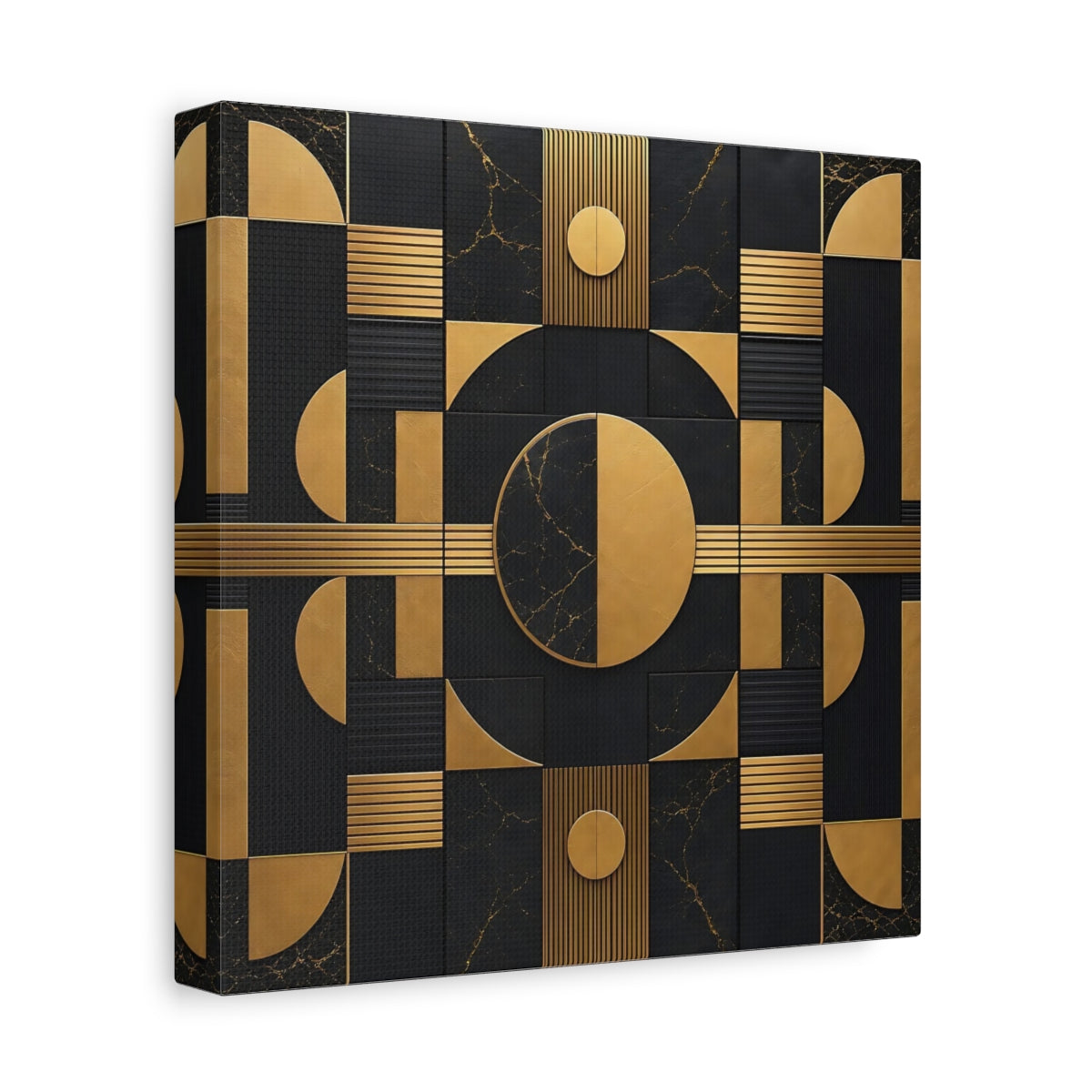 Side Mockup 9. Abstract Geometric Shapes Black And Gold shown as stretched canvas wall art