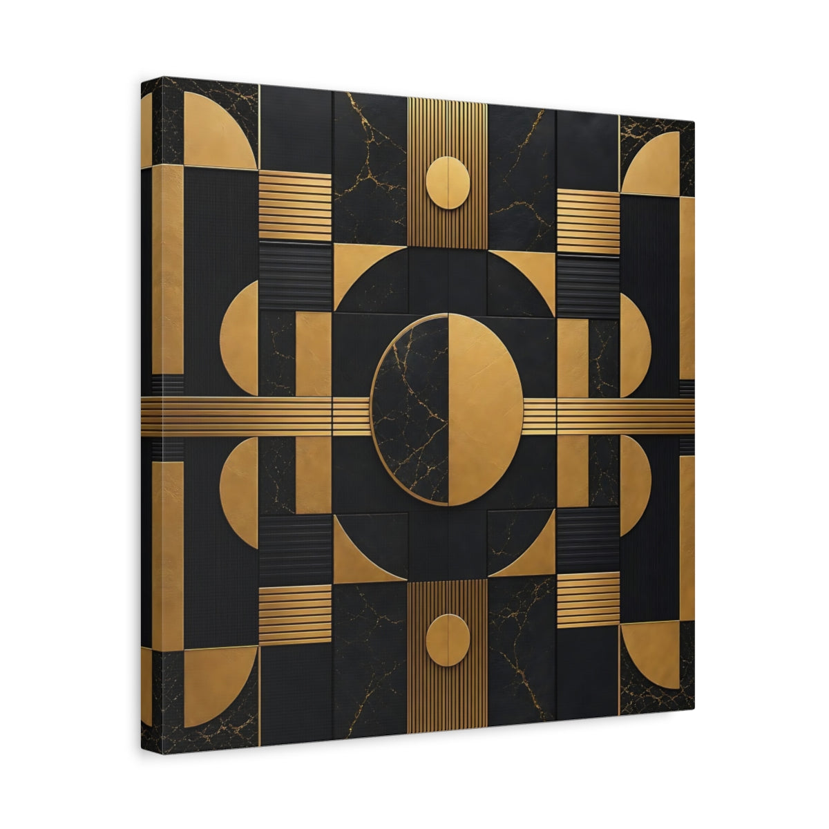 Side Mockup 6. Abstract Geometric Shapes Black And Gold shown as stretched canvas wall art