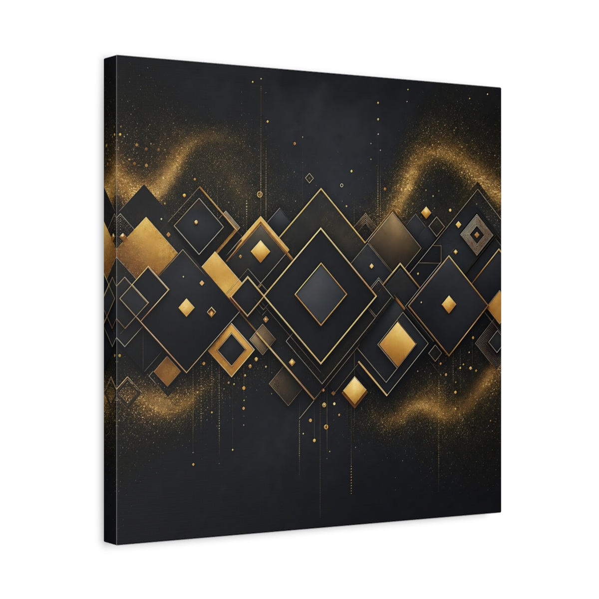 Side Mockup 5. Abstract Geometric Shapes Black And Gold shown as stretched canvas wall art