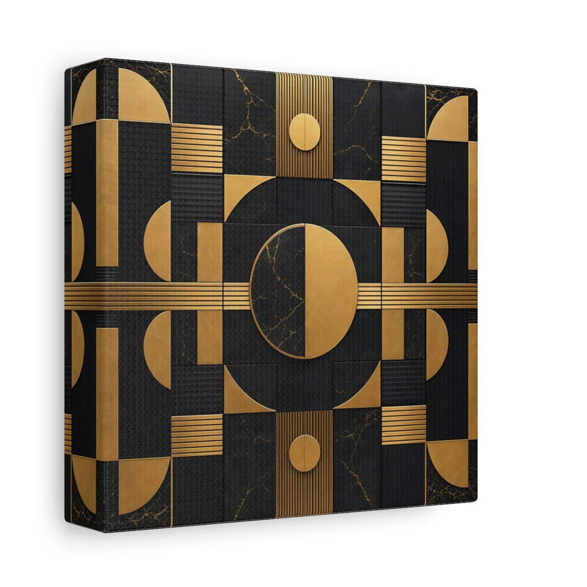 Side Mockup 2. Abstract Geometric Shapes Black And Gold shown as stretched canvas wall art