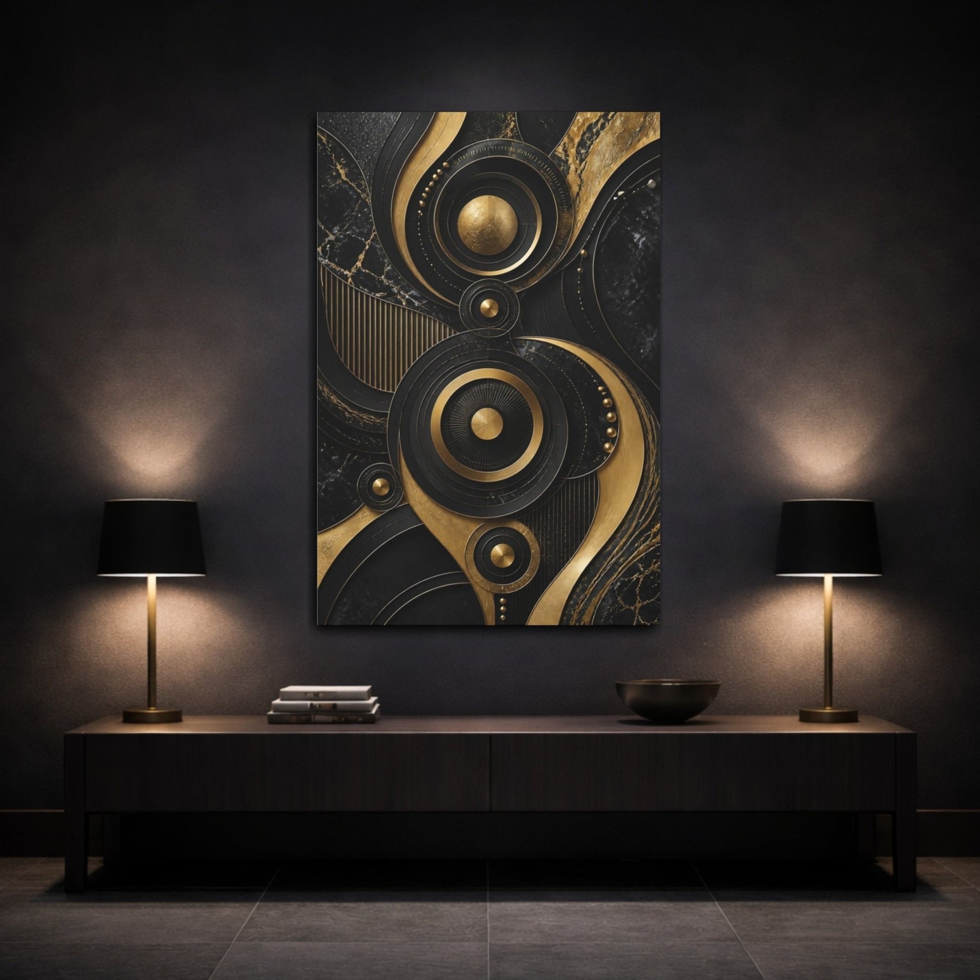 Abstract Geometric Shapes Black And Gold Canvas Print – modern Decor for Living Room, Above Fireplace - YesArtYes