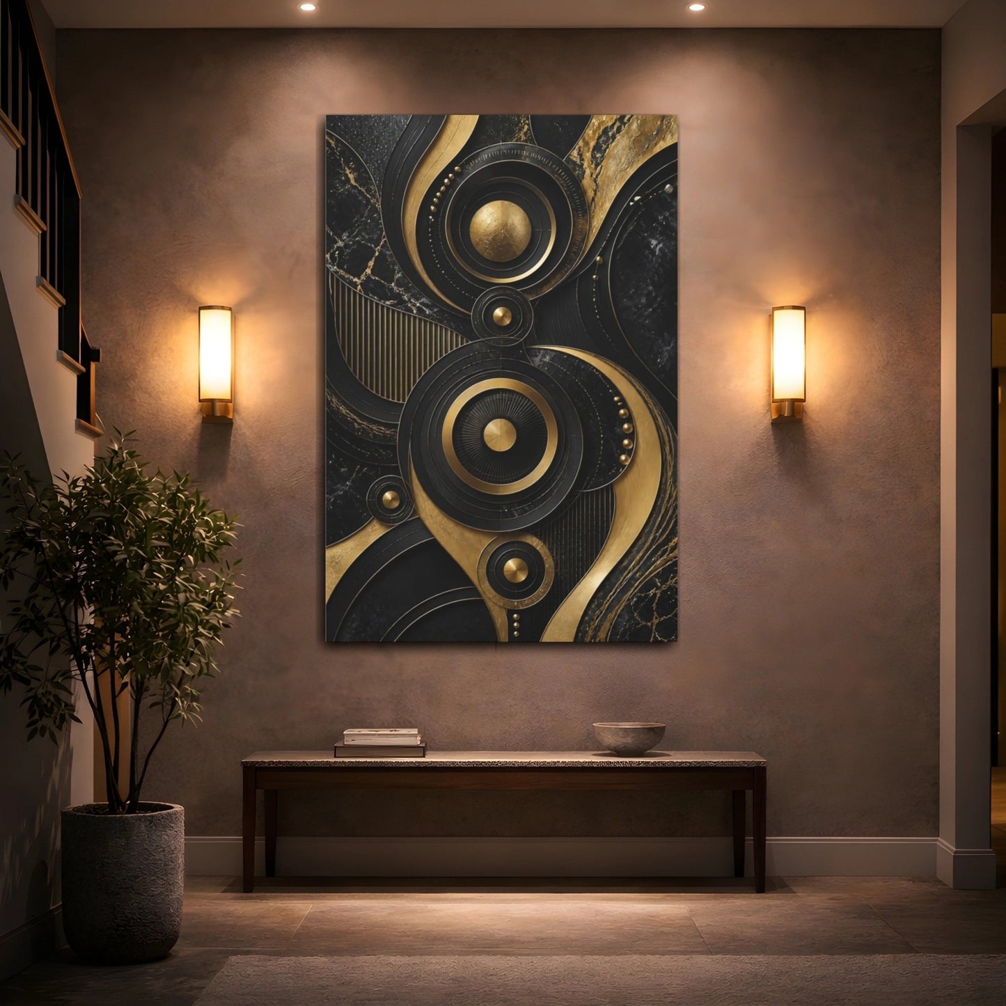 Abstract Geometric Shapes Black And Gold Canvas Print – modern Decor for Living Room, Above Fireplace - YesArtYes