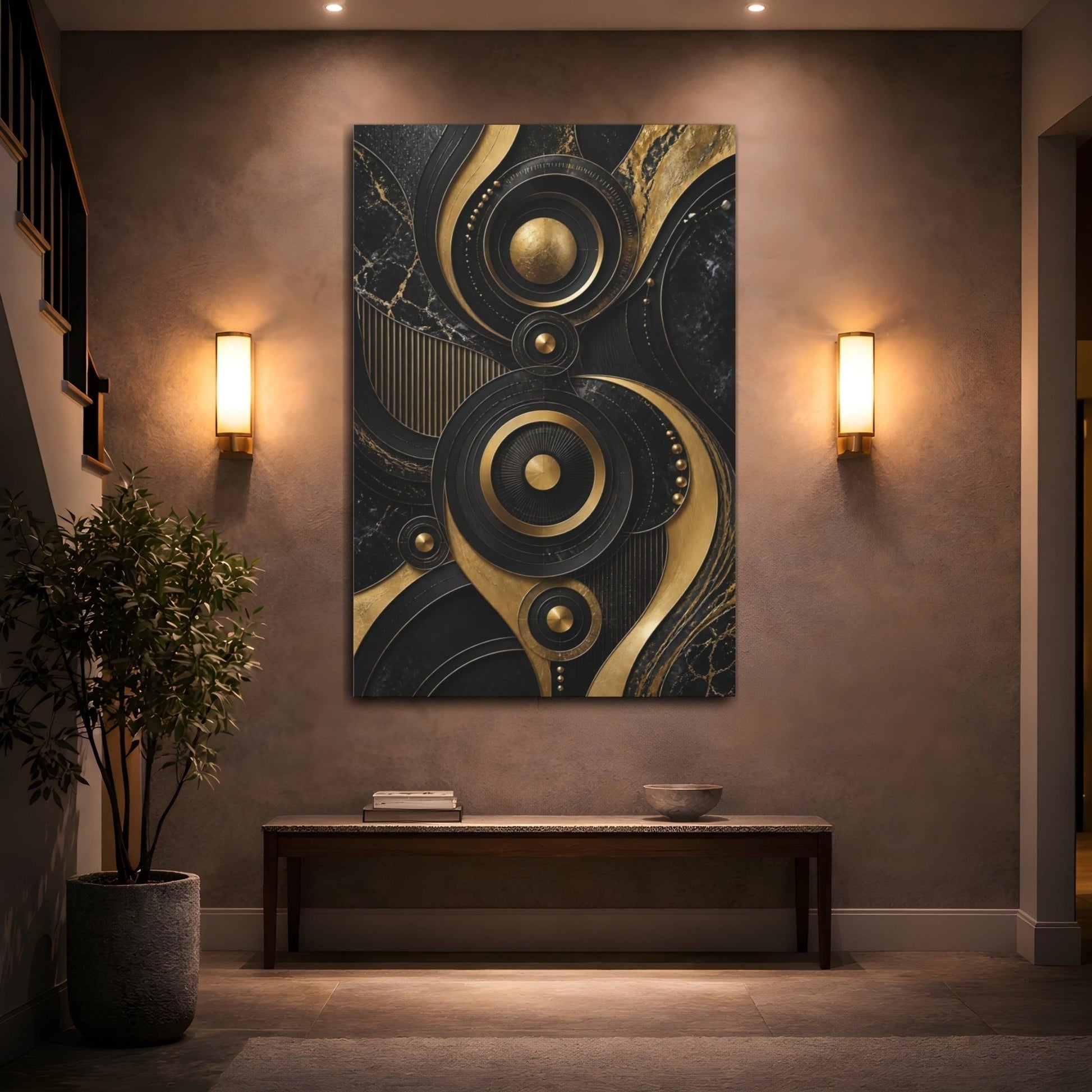 Abstract Geometric Shapes Black And Gold Canvas Print – modern Decor for Living Room, Above Fireplace - YesArtYes