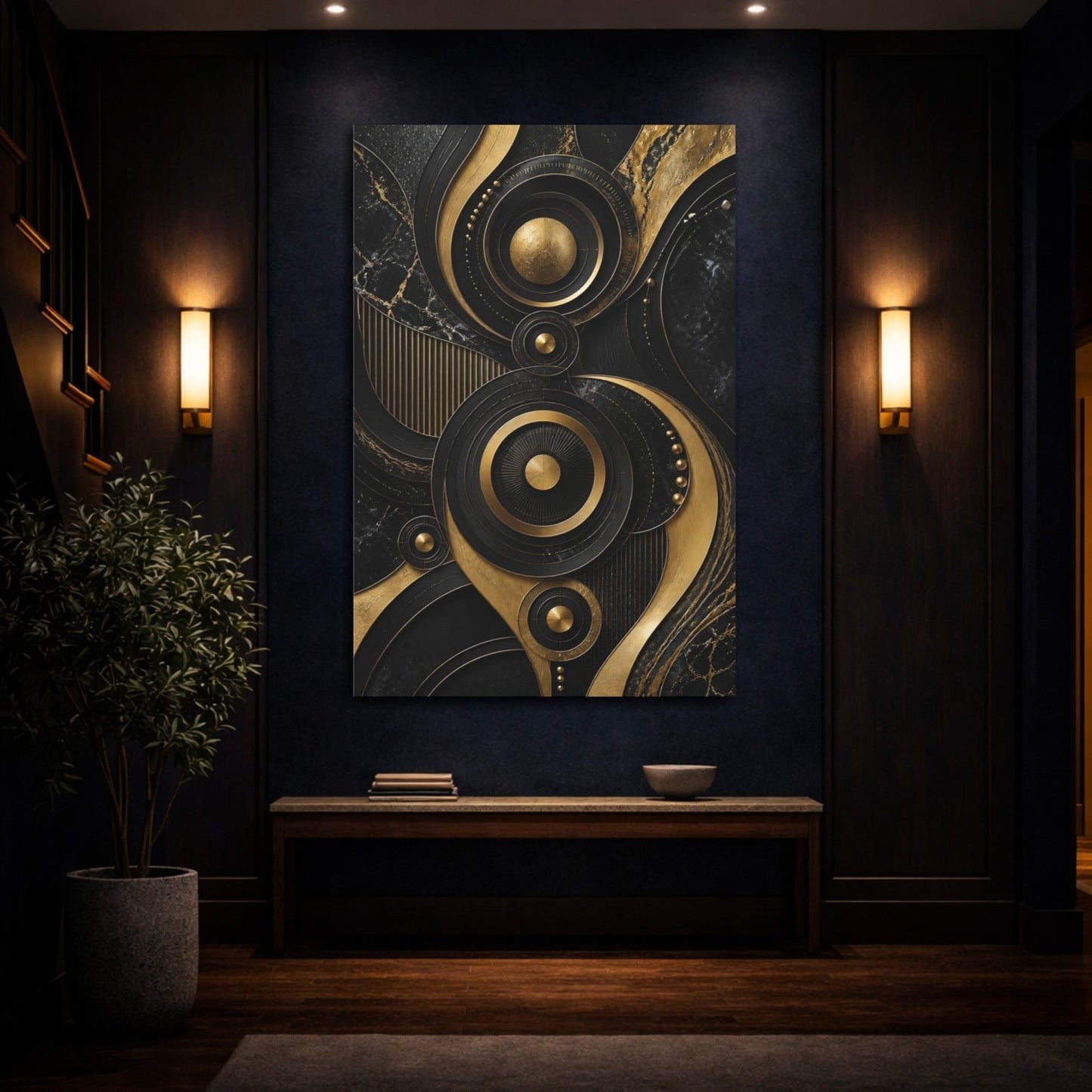 Abstract Geometric Shapes Black And Gold Canvas Print – modern Decor for Living Room, Above Fireplace - YesArtYes