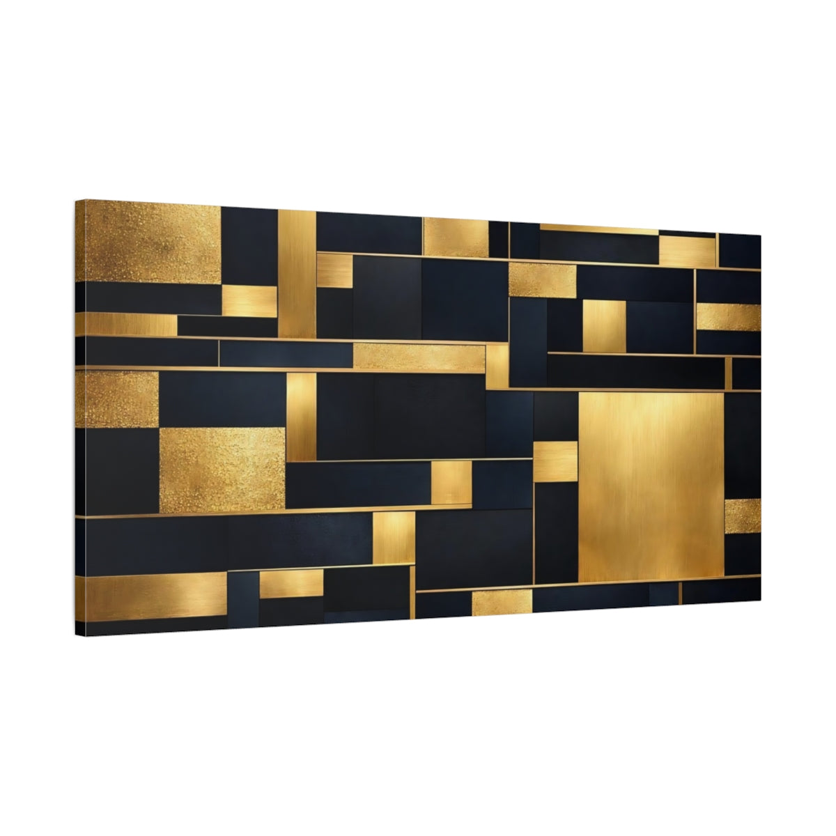 Side Mockup 1. Abstract Geometric Shapes Black And Gold shown as stretched canvas wall art