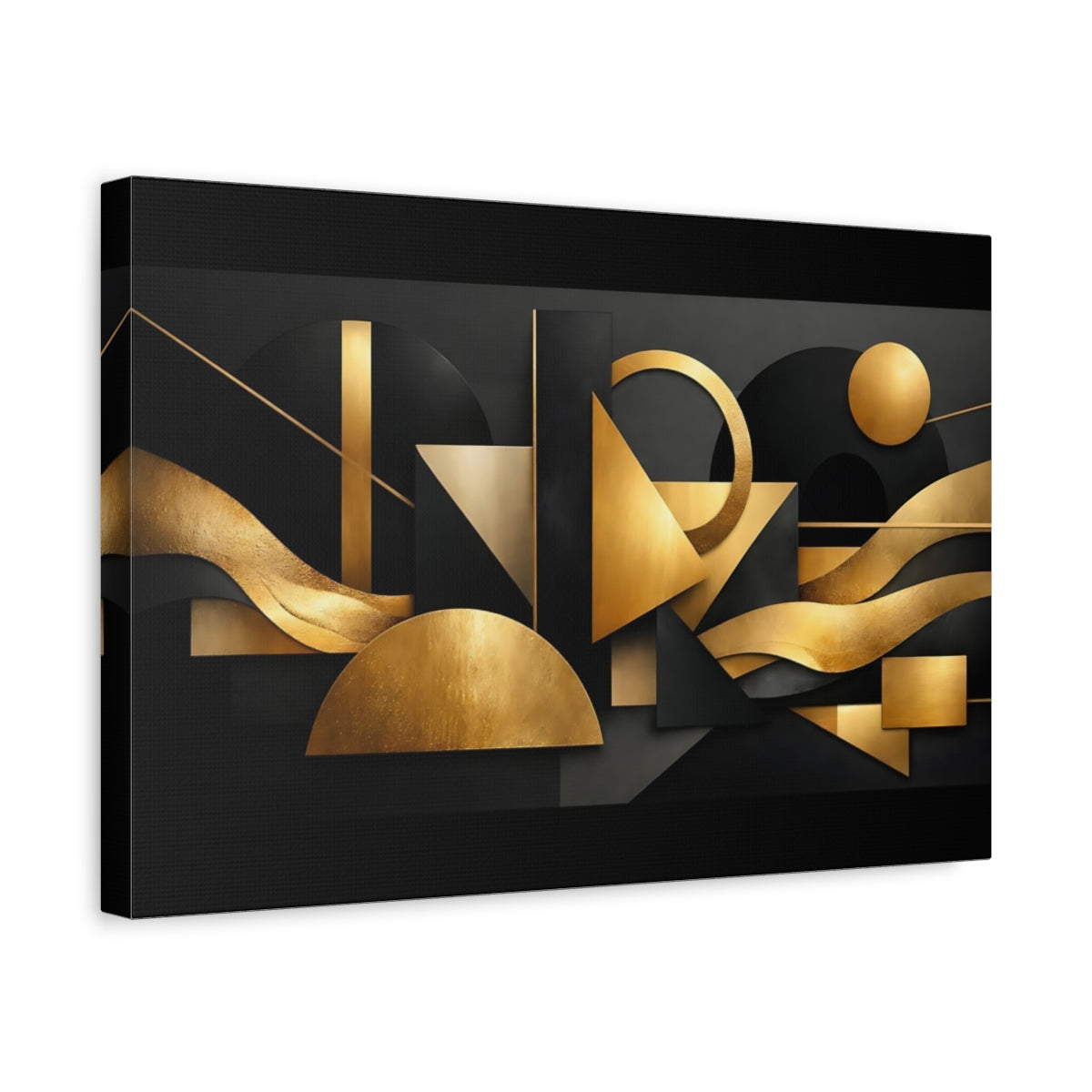 Side Mockup 4. Abstract Geometric Shapes Black And Gold Abstract shown as stretched canvas wall art