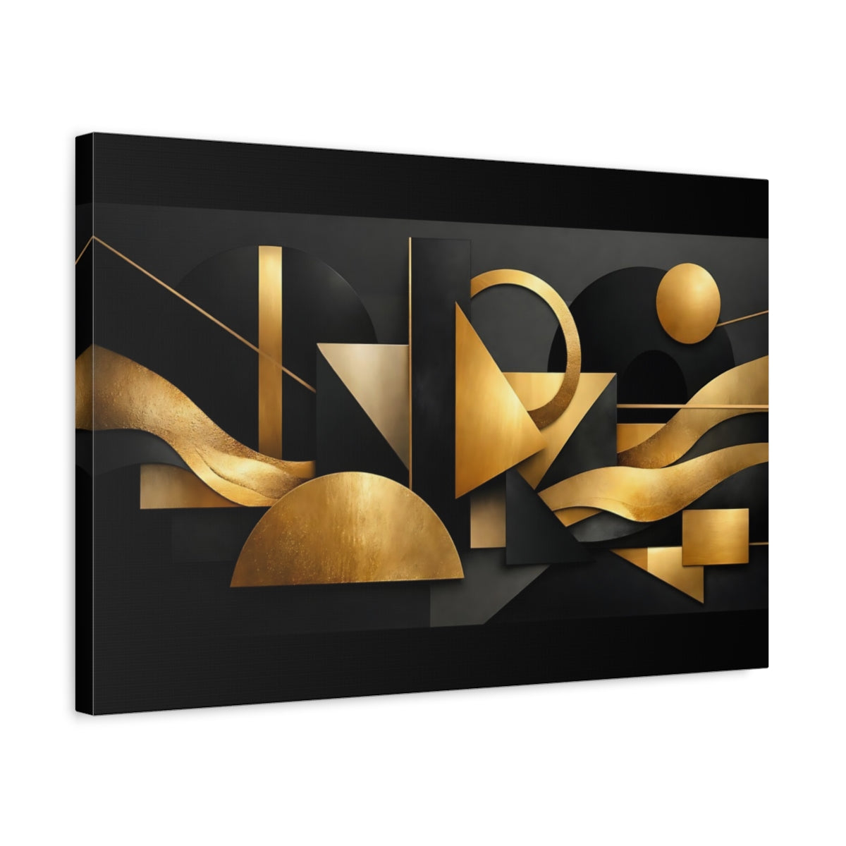 Side Mockup 3. Abstract Geometric Shapes Black And Gold Abstract shown as stretched canvas wall art