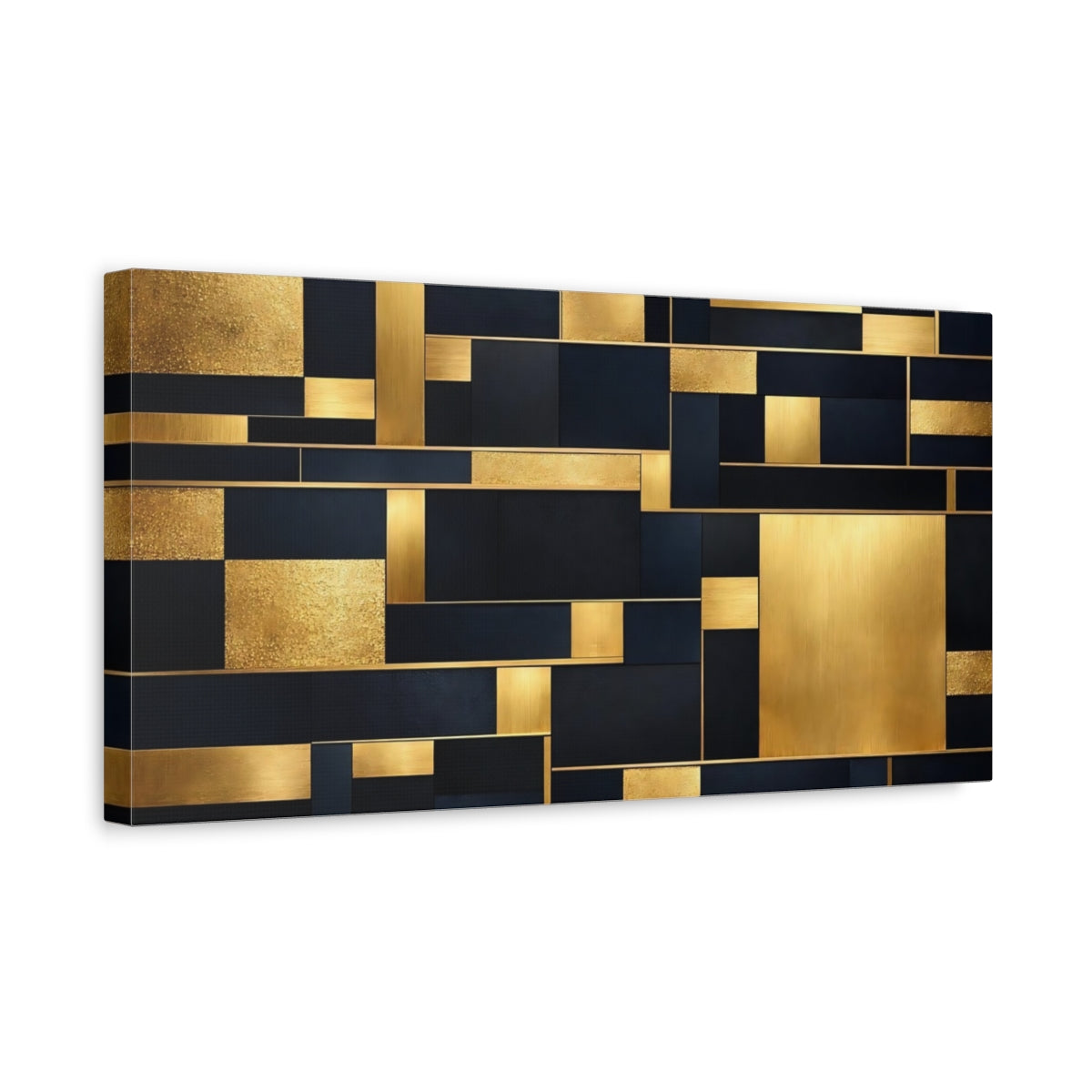 Side Mockup 3. Abstract Geometric Shapes Black And Gold shown as stretched canvas wall art