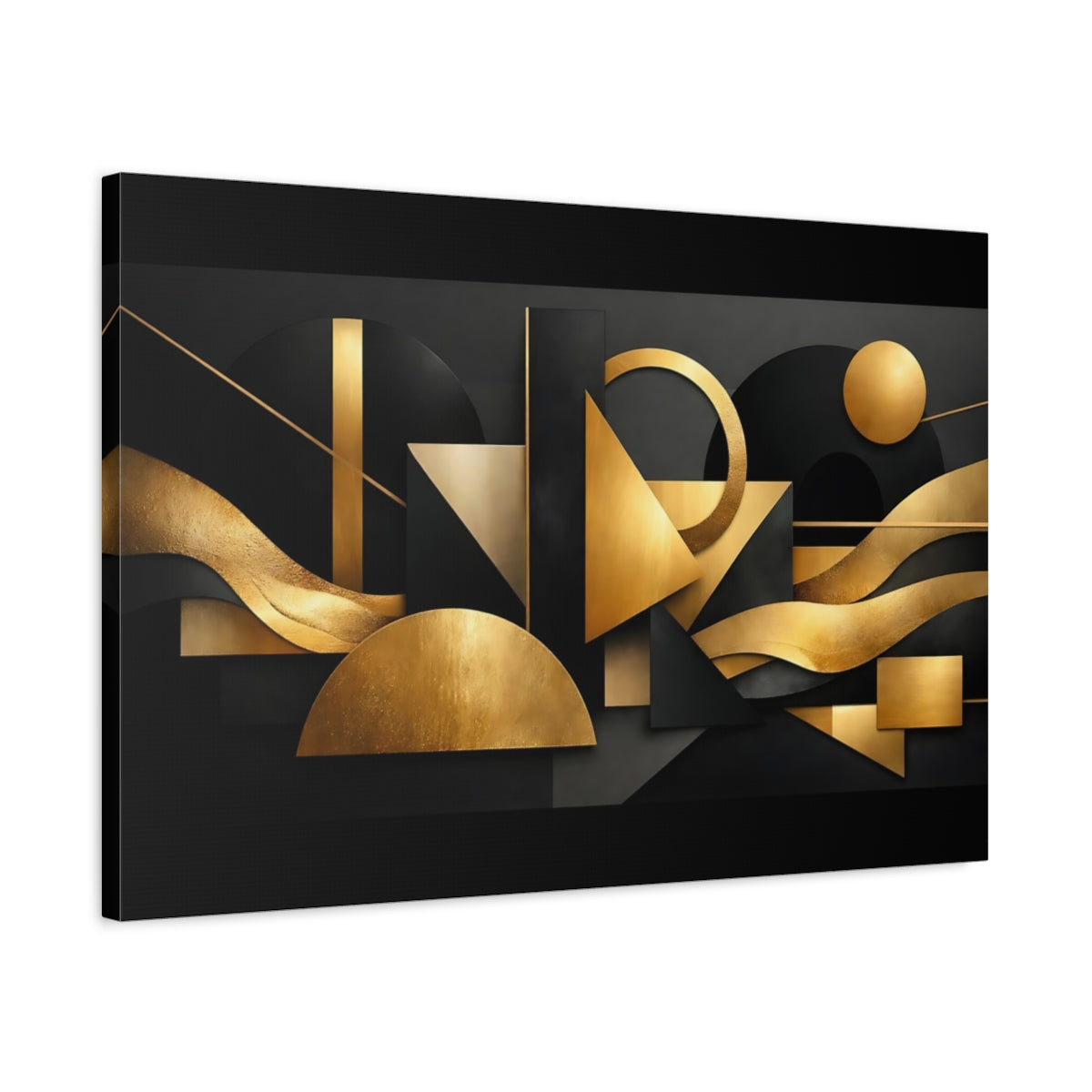 Side Mockup 2. Abstract Geometric Shapes Black And Gold Abstract shown as stretched canvas wall art