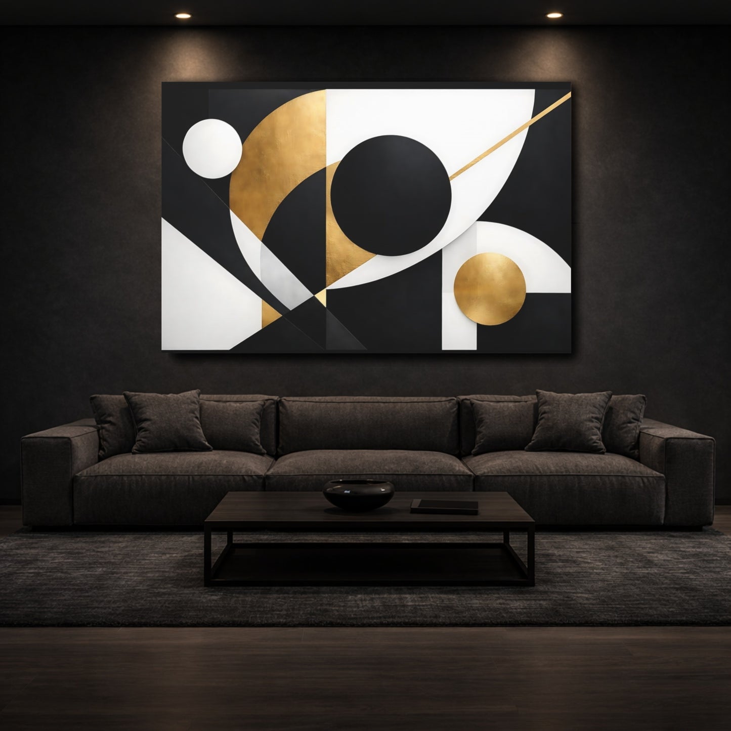 Mockup 2. Abstract Geometric Shapes Black And Gold shown as stretched canvas wall art
