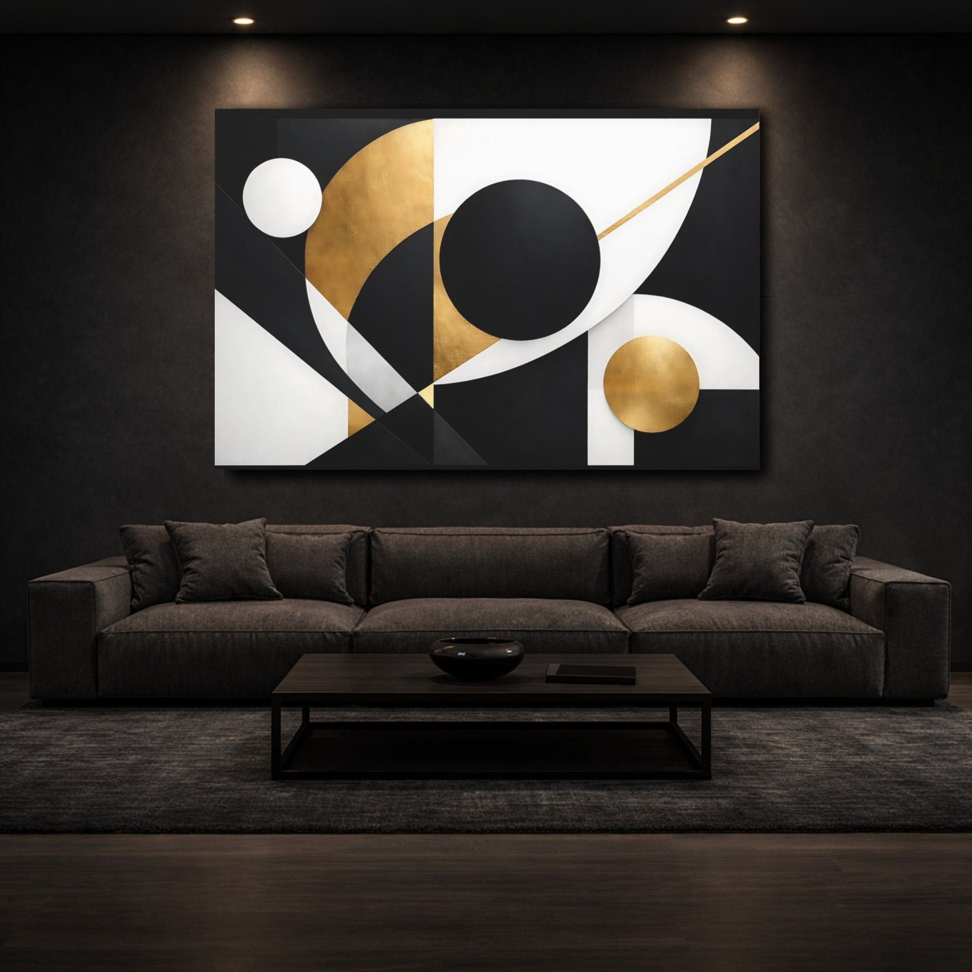 Mockup 2. Abstract Geometric Shapes Black And Gold shown as stretched canvas wall art