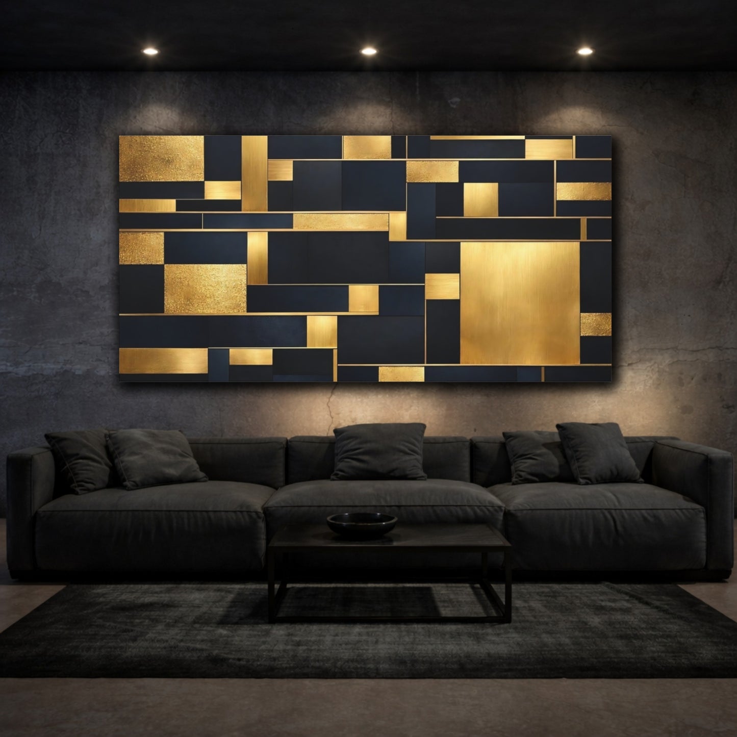 Mockup 2. Abstract Geometric Shapes Black And Gold shown as stretched canvas wall art