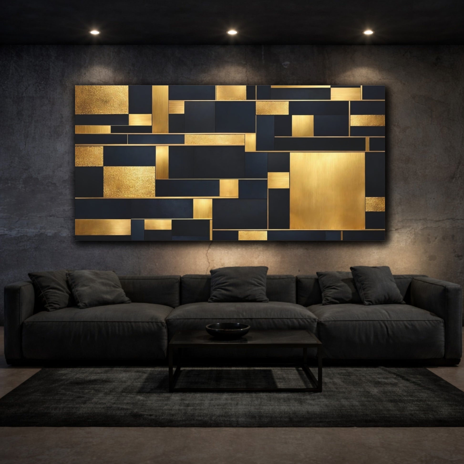 Mockup 2. Abstract Geometric Shapes Black And Gold shown as stretched canvas wall art