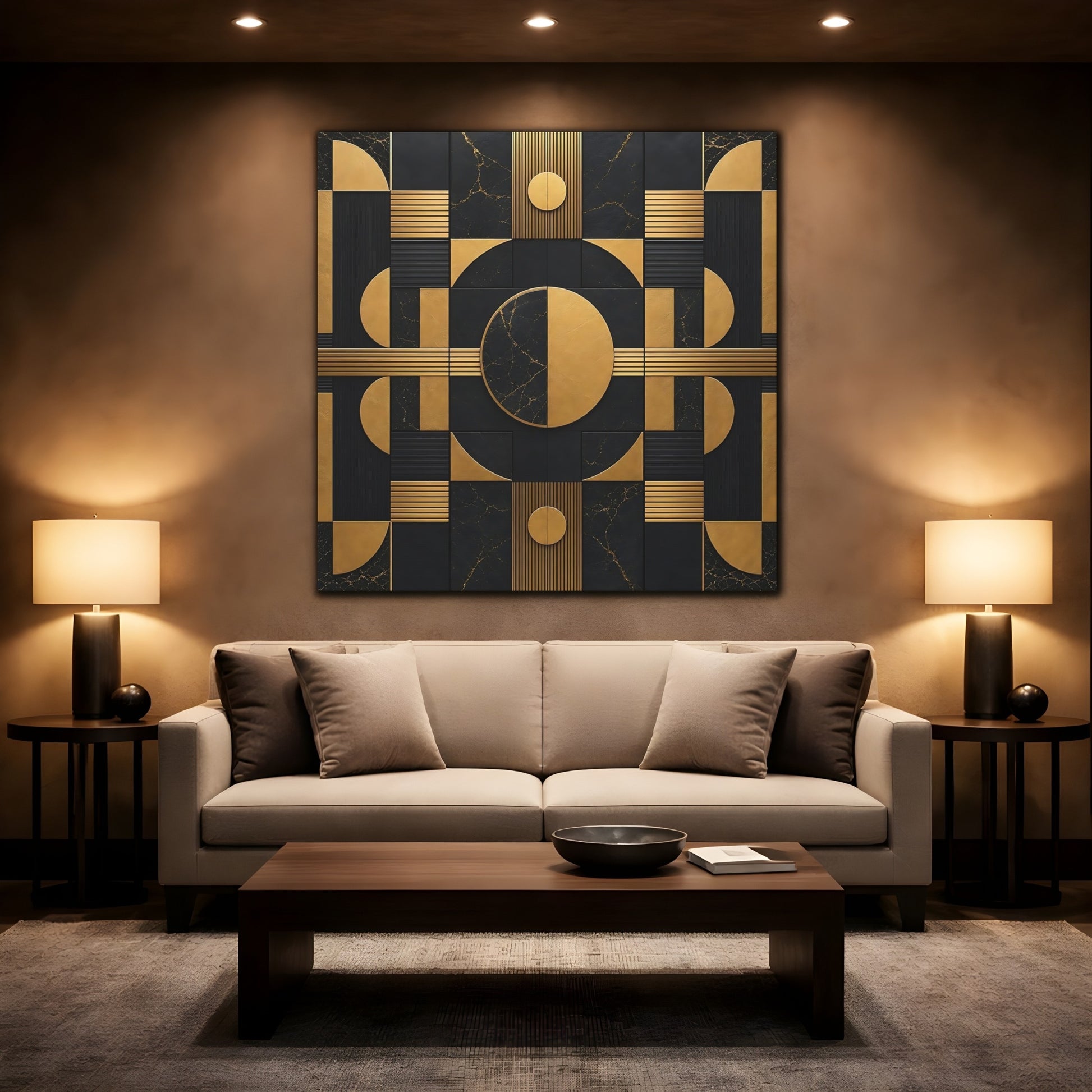 Mockup 2. Abstract Geometric Shapes Black And Gold shown as stretched canvas wall art