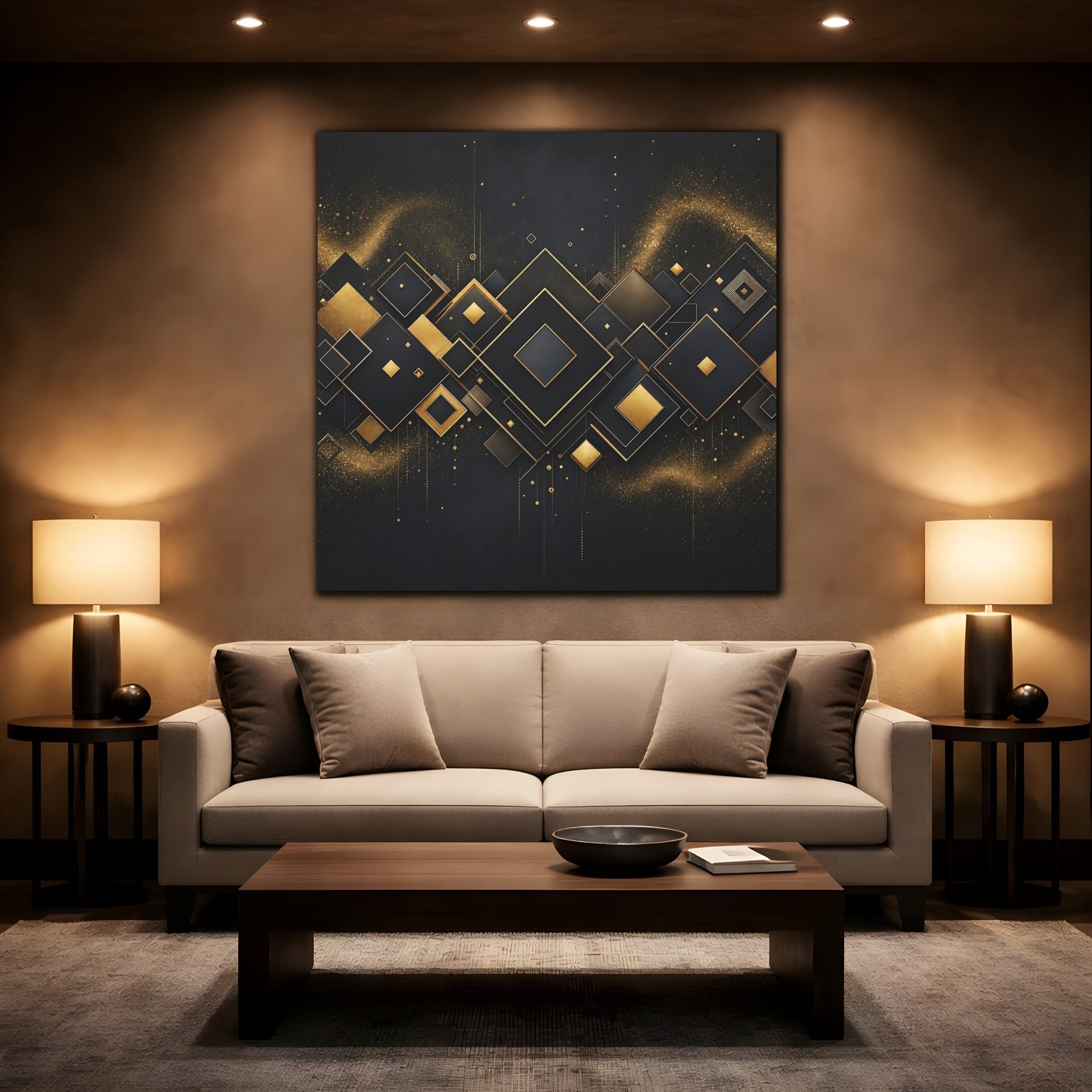 Mockup 2. Abstract Geometric Shapes Black And Gold shown as stretched canvas wall art