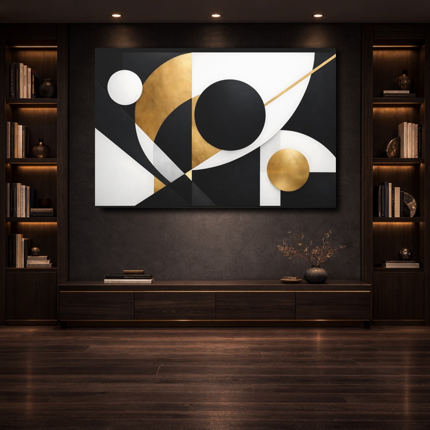 Mockup 3. Abstract Geometric Shapes Black And Gold shown as stretched canvas wall art
