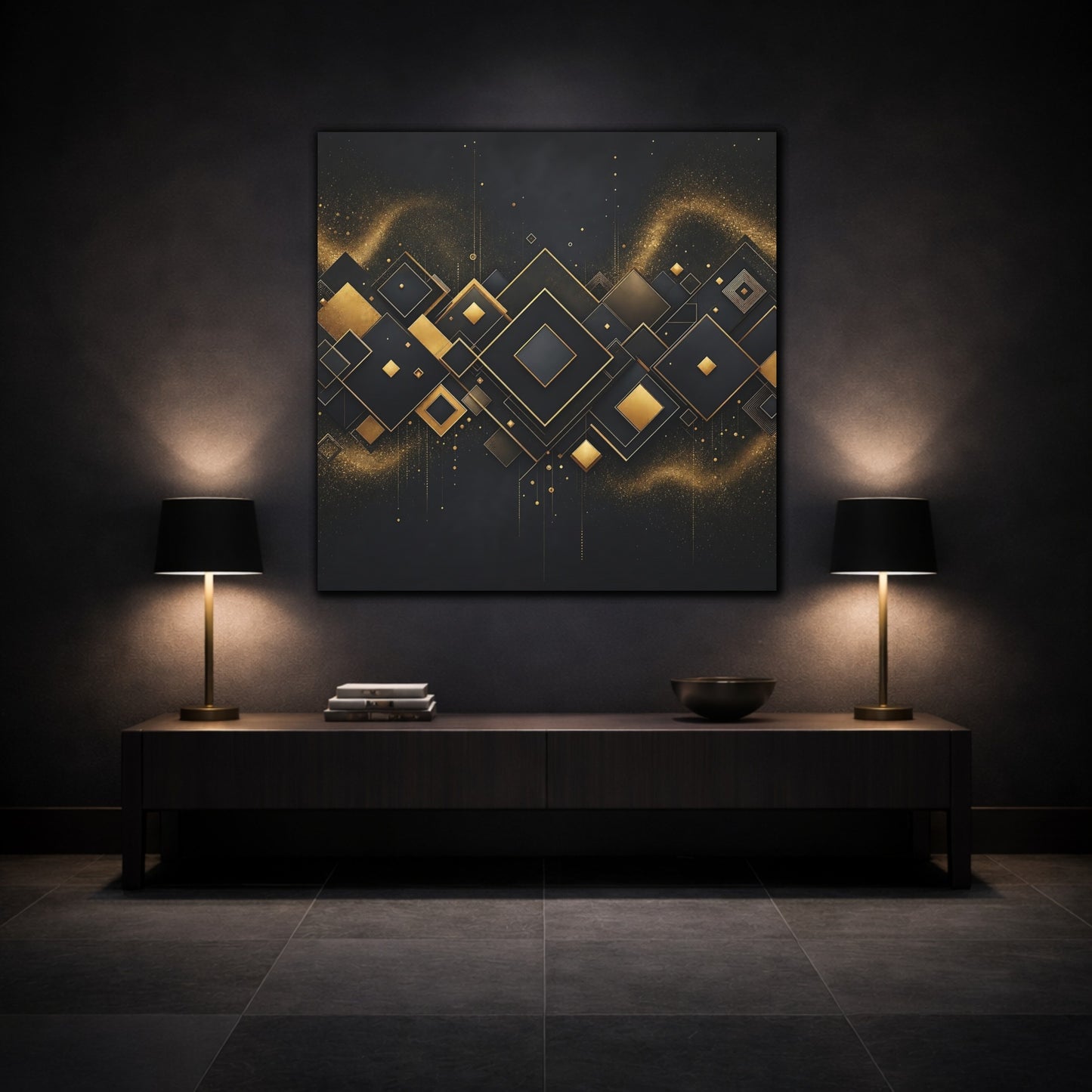 Mockup 3. Abstract Geometric Shapes Black And Gold shown as stretched canvas wall art
