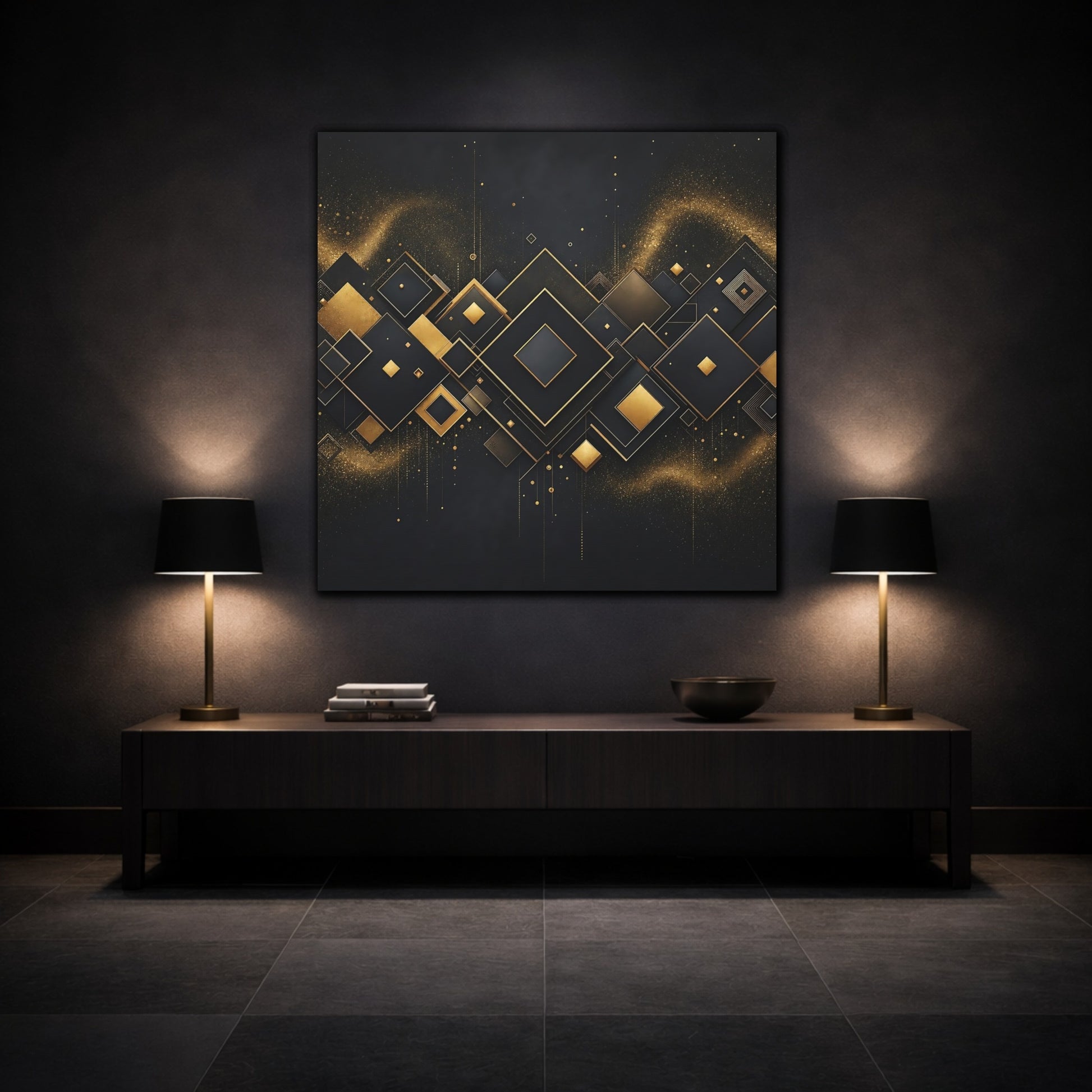 Mockup 3. Abstract Geometric Shapes Black And Gold shown as stretched canvas wall art