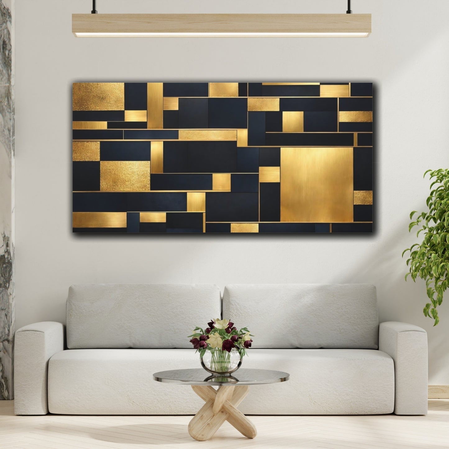 Mockup 3. Abstract Geometric Shapes Black And Gold shown as stretched canvas wall art