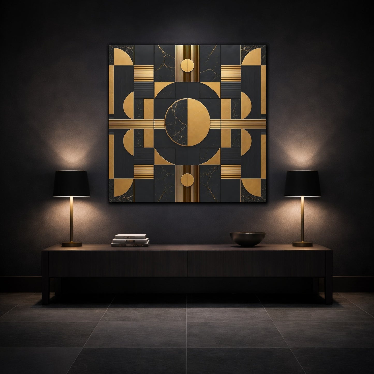 Mockup 3. Abstract Geometric Shapes Black And Gold shown as stretched canvas wall art