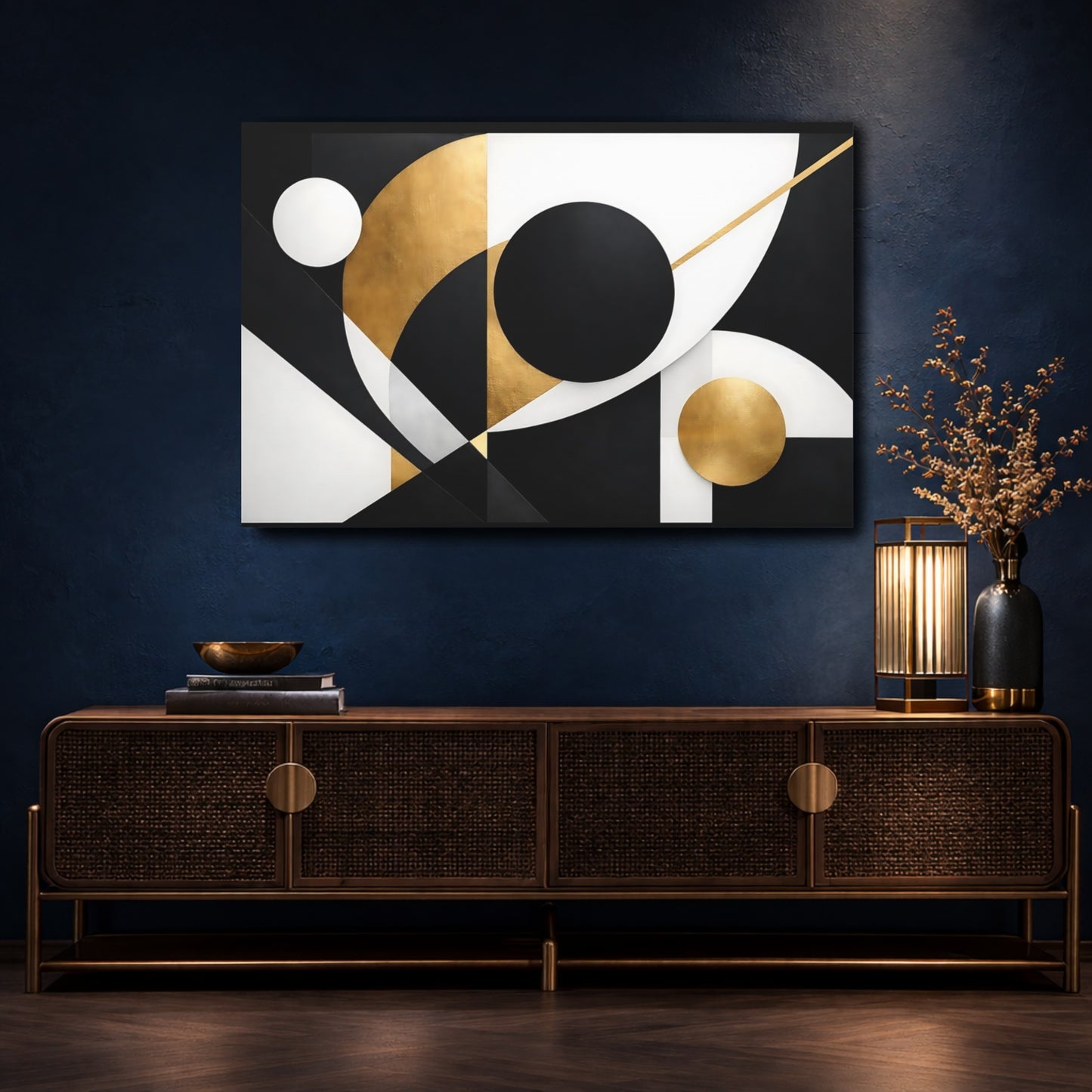 Mockup 4. Abstract Geometric Shapes Black And Gold shown as stretched canvas wall art