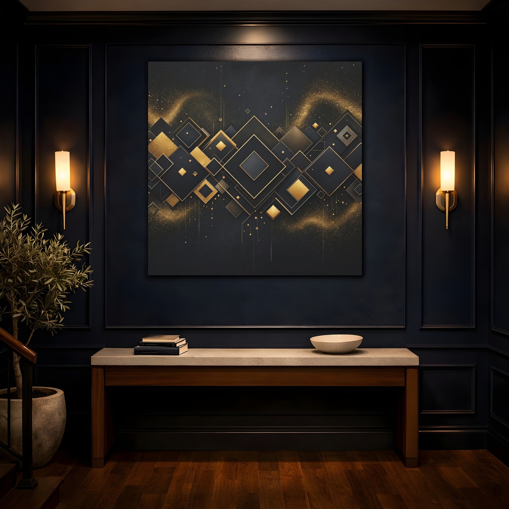 Mockup 4. Abstract Geometric Shapes Black And Gold shown as stretched canvas wall art