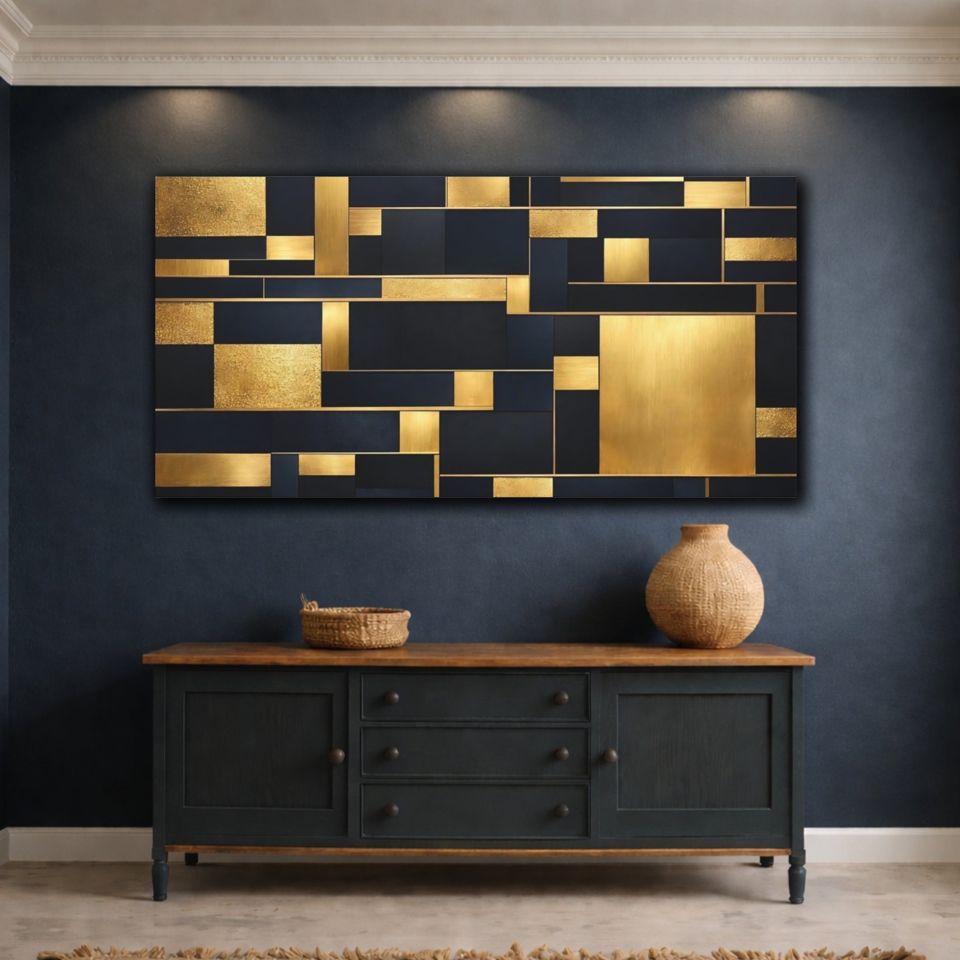 Mockup 4. Abstract Geometric Shapes Black And Gold shown as stretched canvas wall art