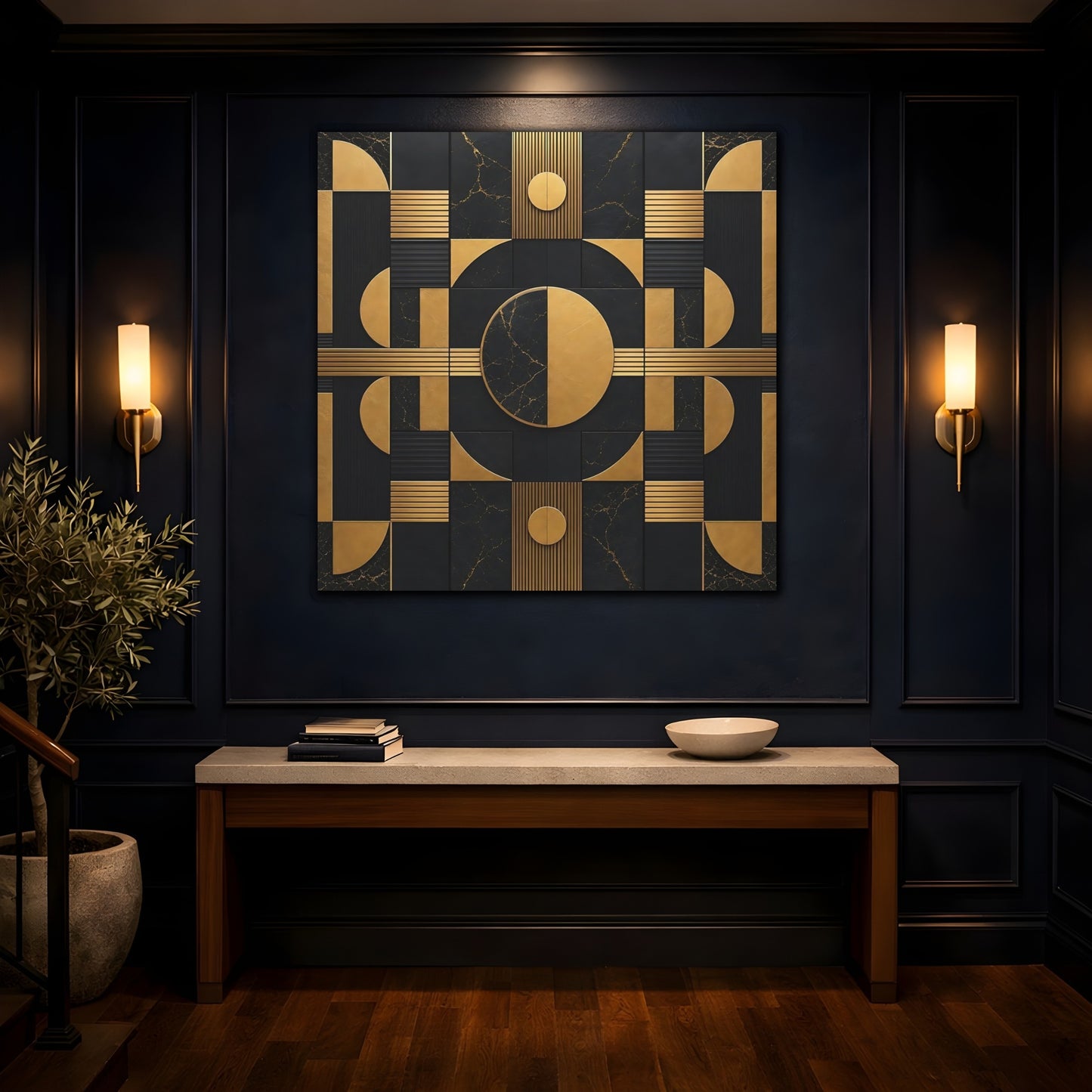 Mockup 4. Abstract Geometric Shapes Black And Gold shown as stretched canvas wall art