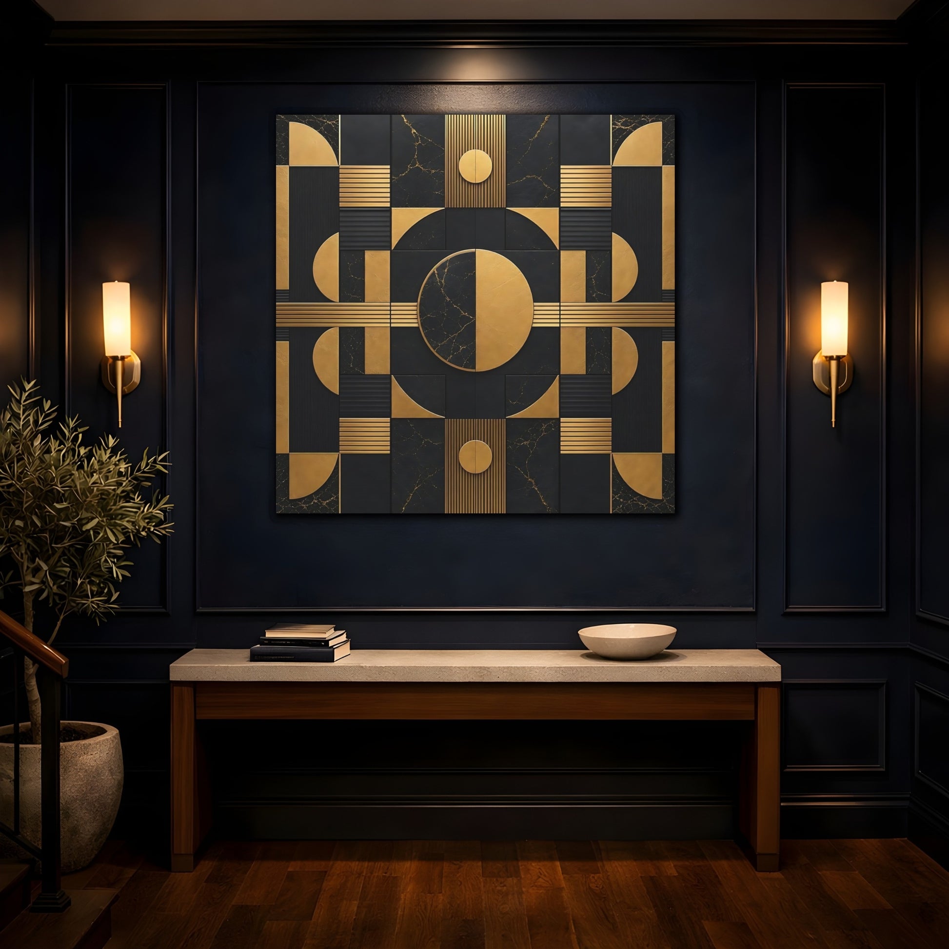 Mockup 4. Abstract Geometric Shapes Black And Gold shown as stretched canvas wall art