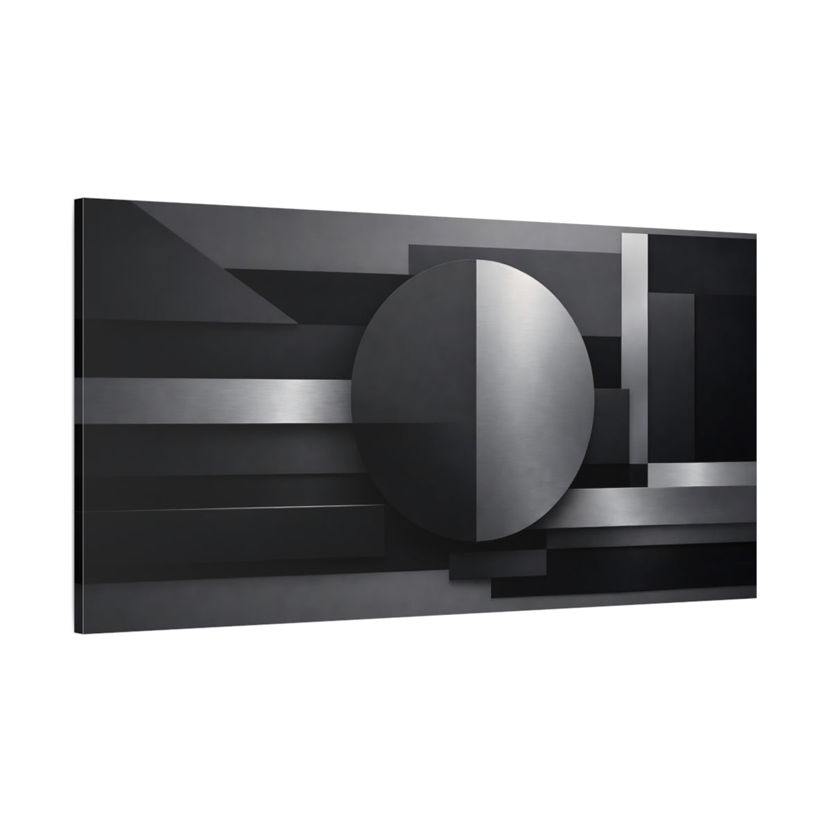 Main Mockup. Abstract Geometric Shapes Black And Gray shown as stretched canvas wall art