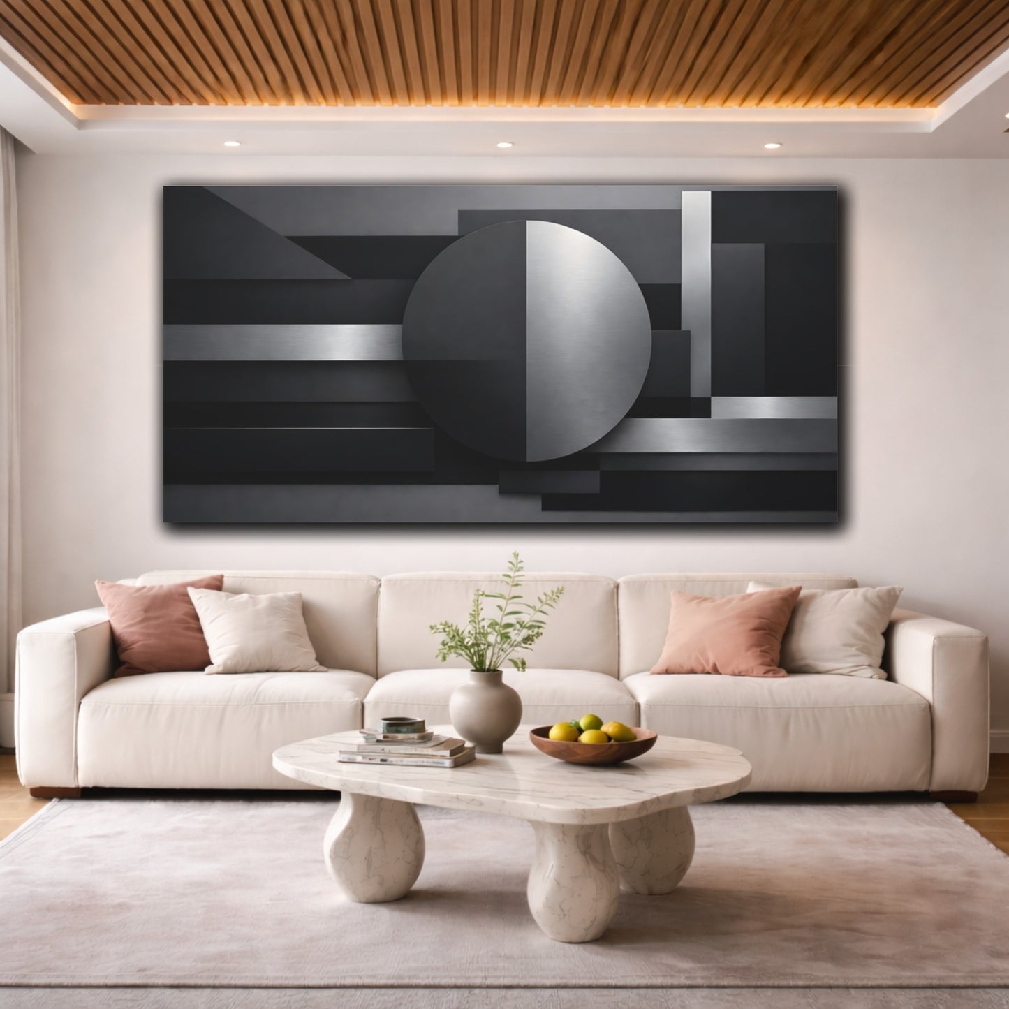 Mockup 3. Abstract Geometric Shapes Black And Gray shown as stretched canvas wall art