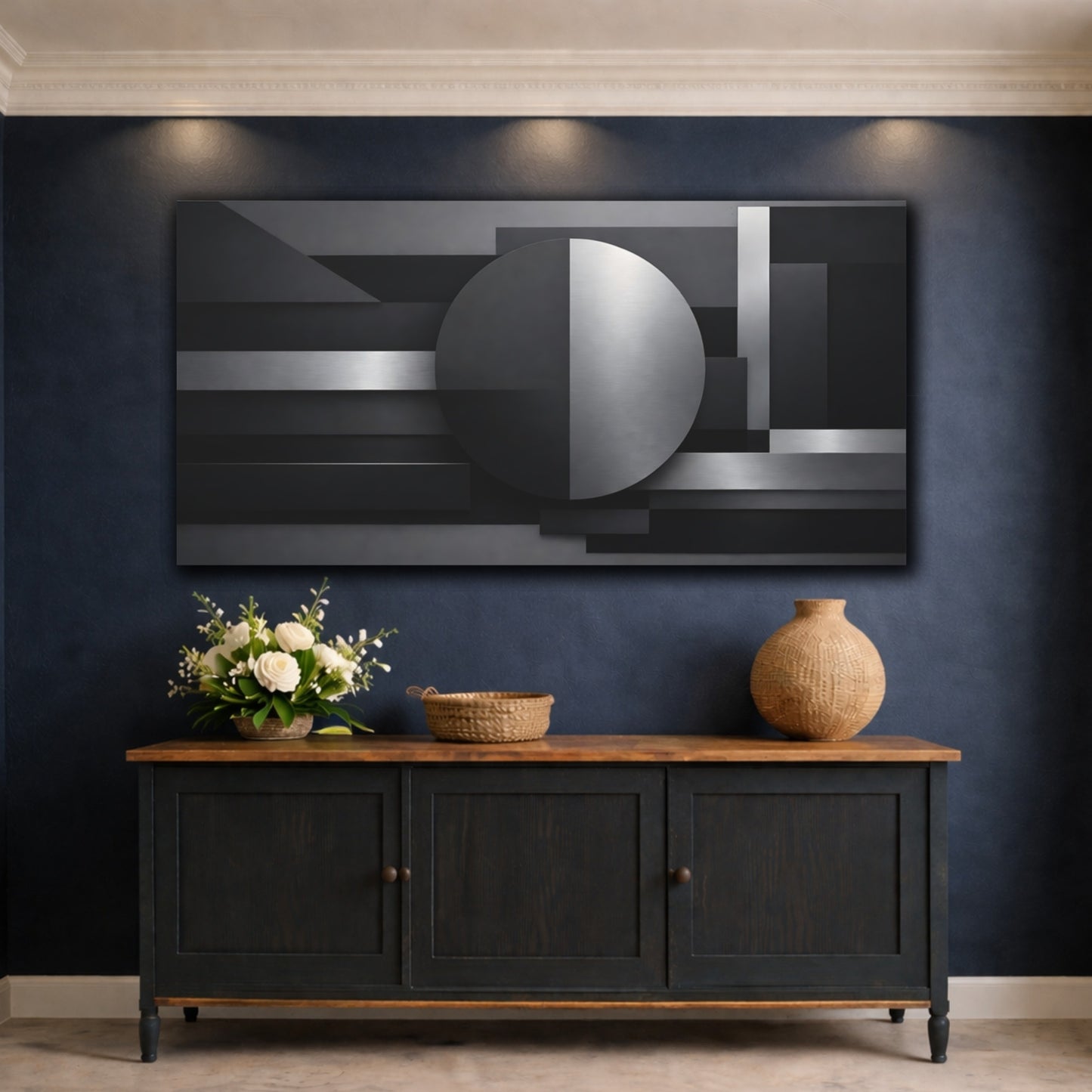 Mockup 4. Abstract Geometric Shapes Black And Gray shown as stretched canvas wall art