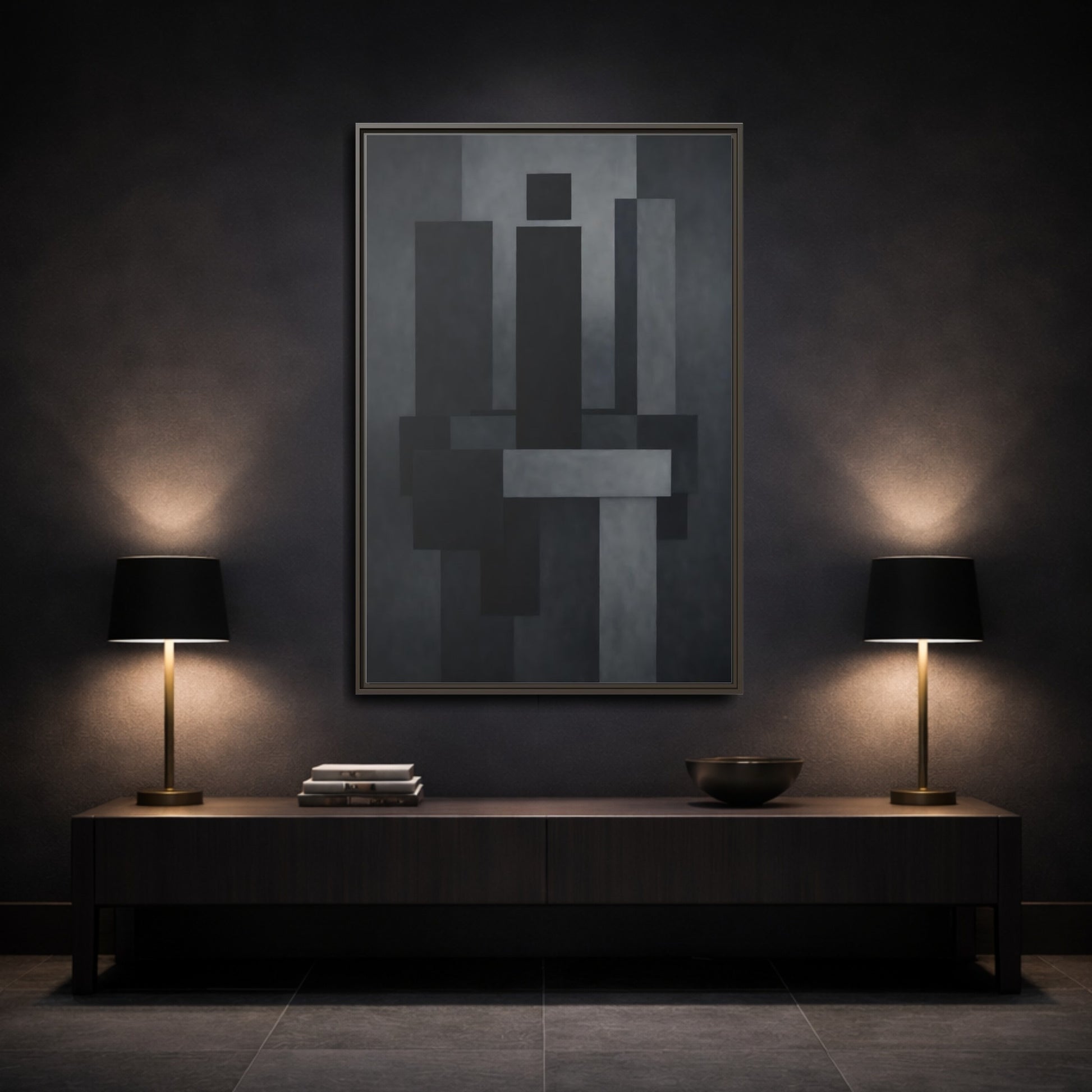 Mockup 2. Abstract Geometric Shapes Black And Grey shown as stretched canvas wall art