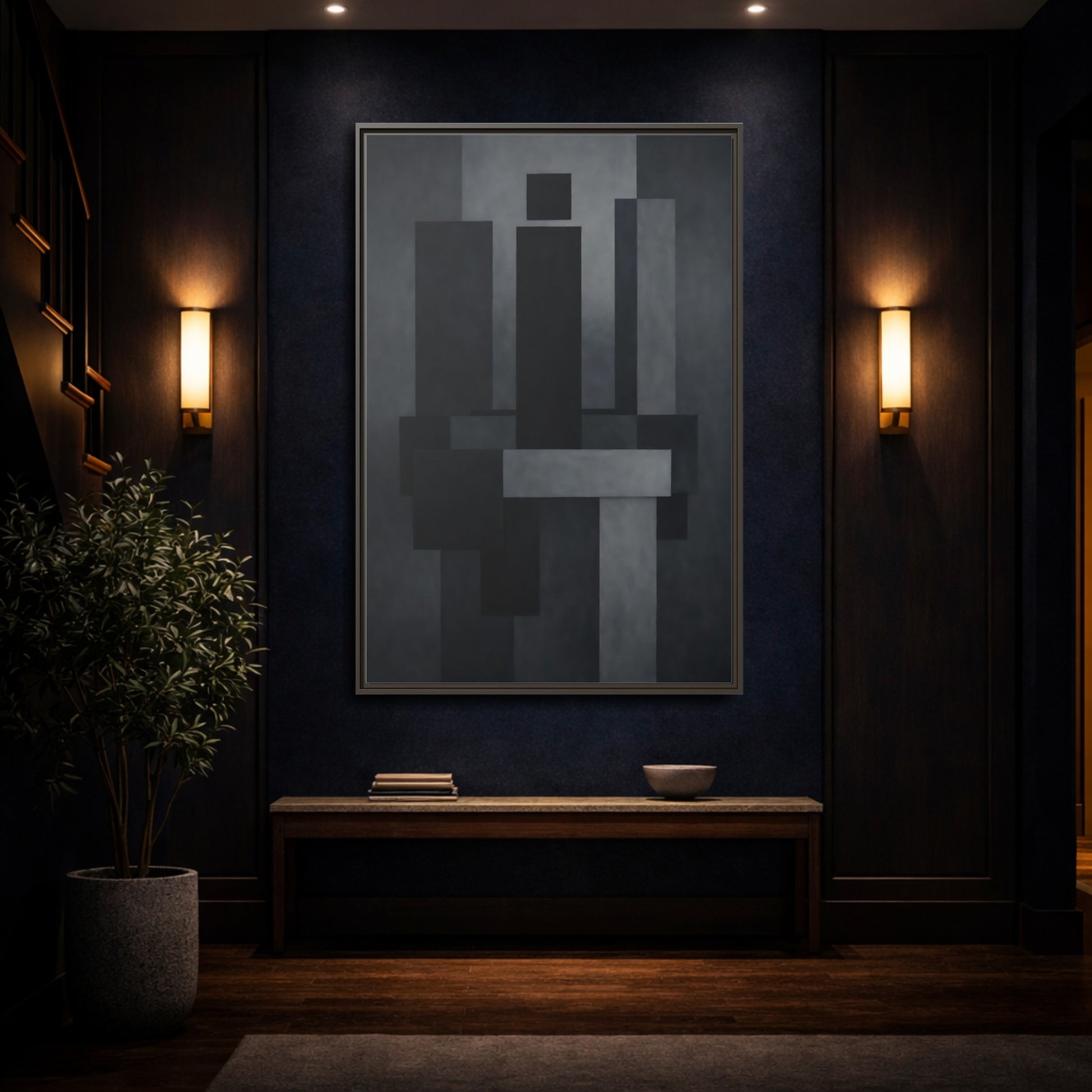 Mockup 3. Abstract Geometric Shapes Black And Grey shown as stretched canvas wall art