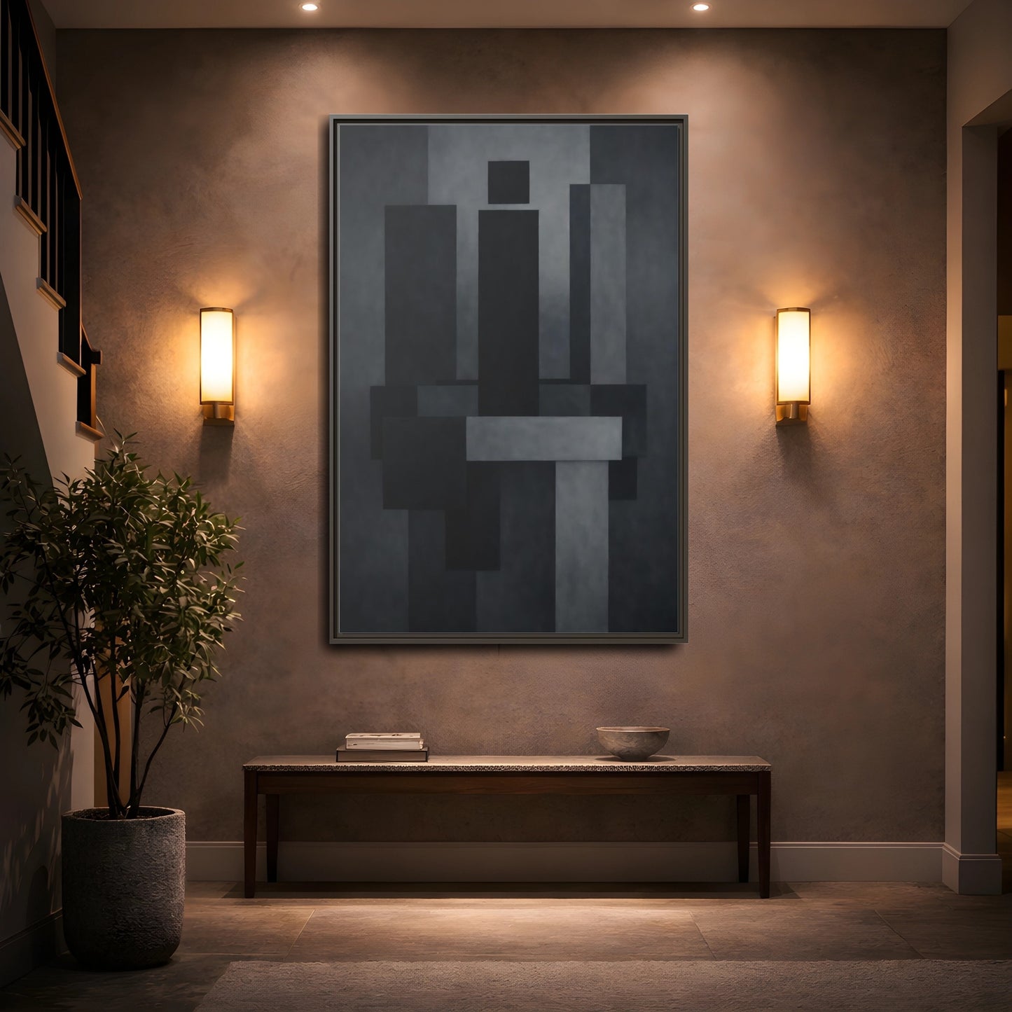 Mockup 4. Abstract Geometric Shapes Black And Grey shown as stretched canvas wall art