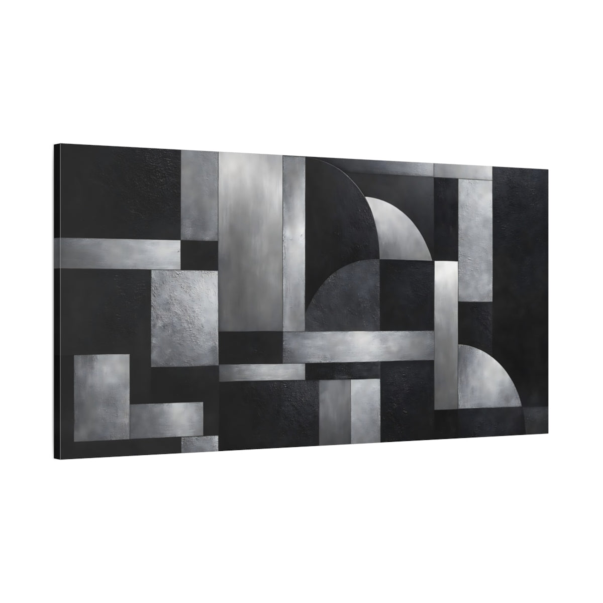 Main Mockup. Abstract Geometric Shapes Black And Silver Abstract shown as stretched canvas wall art