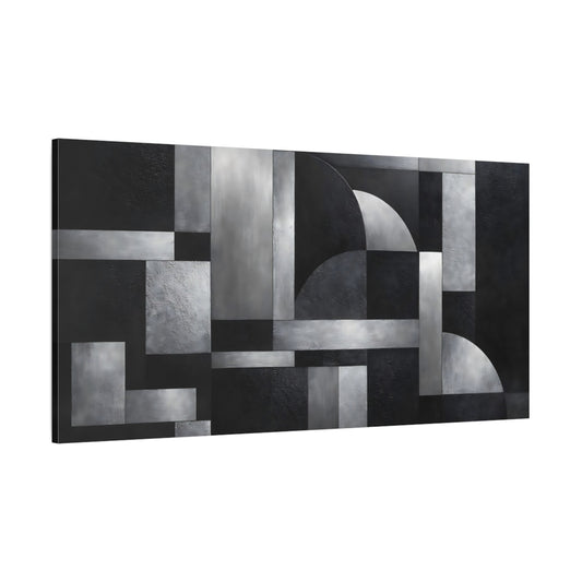 Main Mockup. Abstract Geometric Shapes Black And Silver Abstract shown as stretched canvas wall art