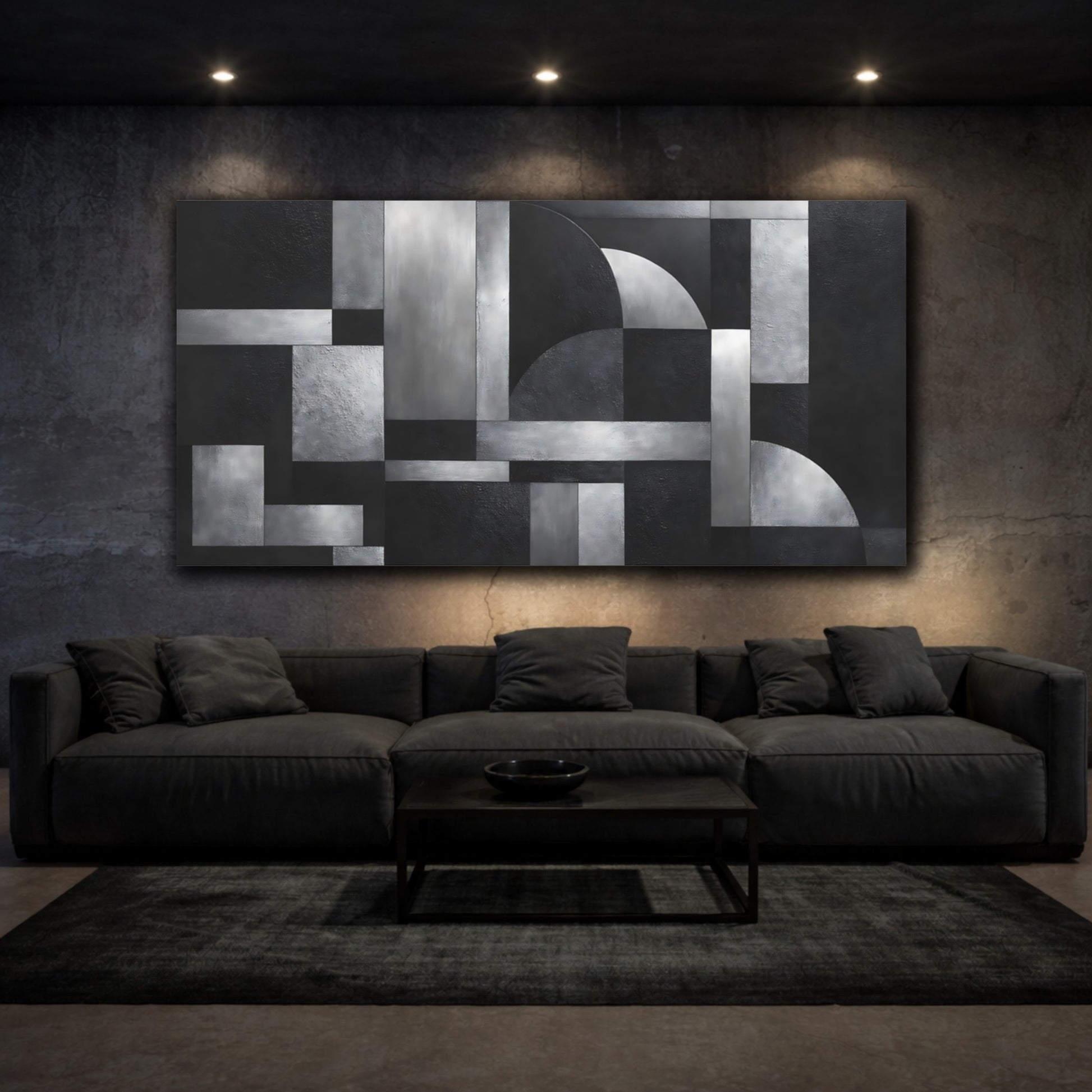 Mockup 2. Abstract Geometric Shapes Black And Silver Abstract shown as stretched canvas wall art