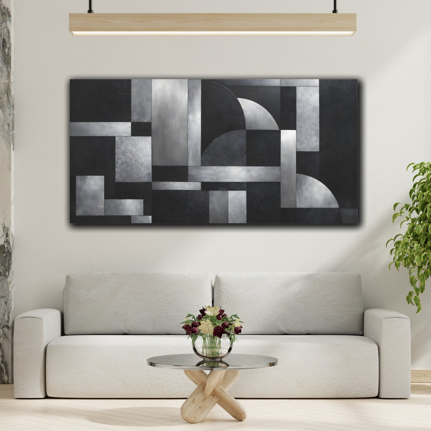 Mockup 3. Abstract Geometric Shapes Black And Silver Abstract shown as stretched canvas wall art