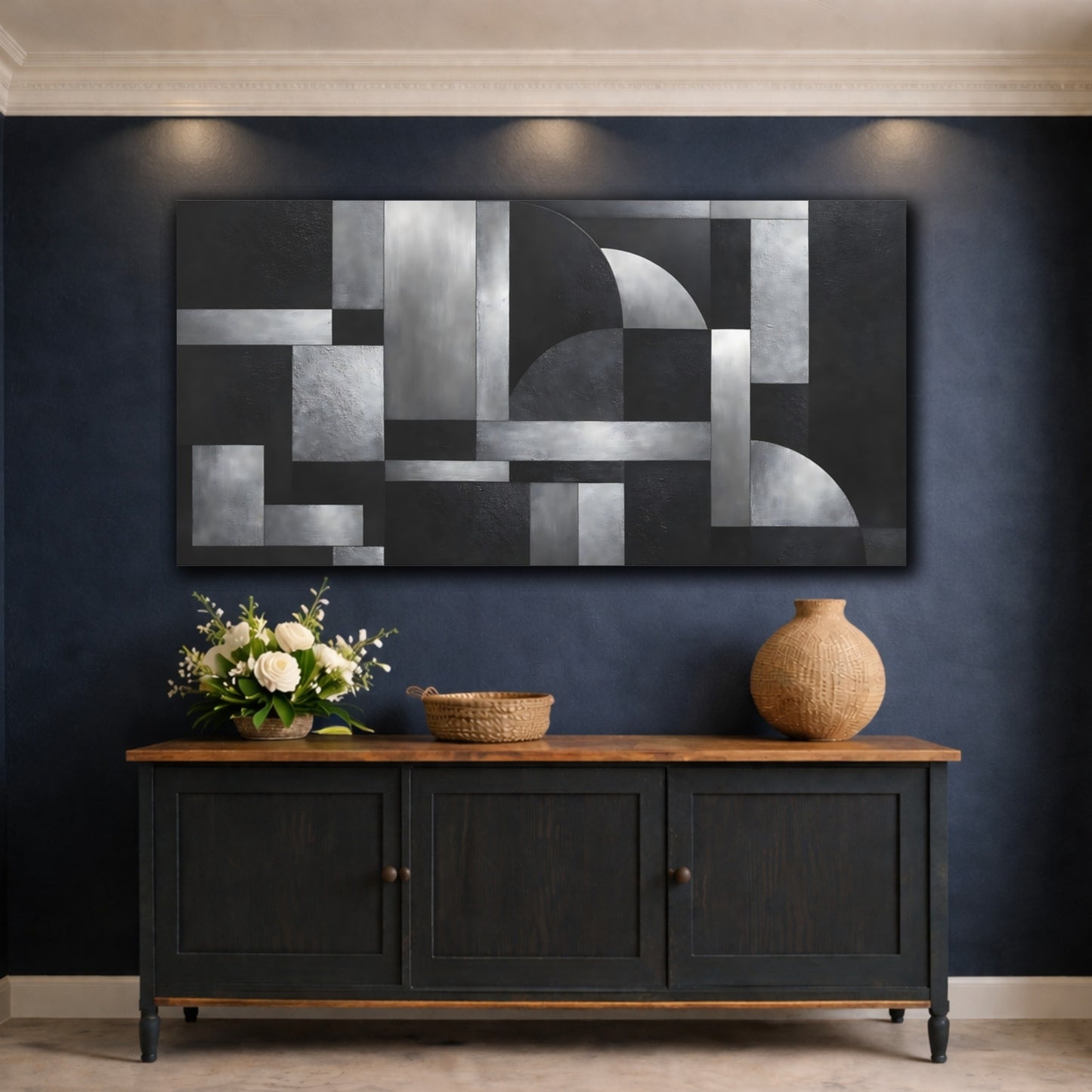 Mockup 4. Abstract Geometric Shapes Black And Silver Abstract shown as stretched canvas wall art