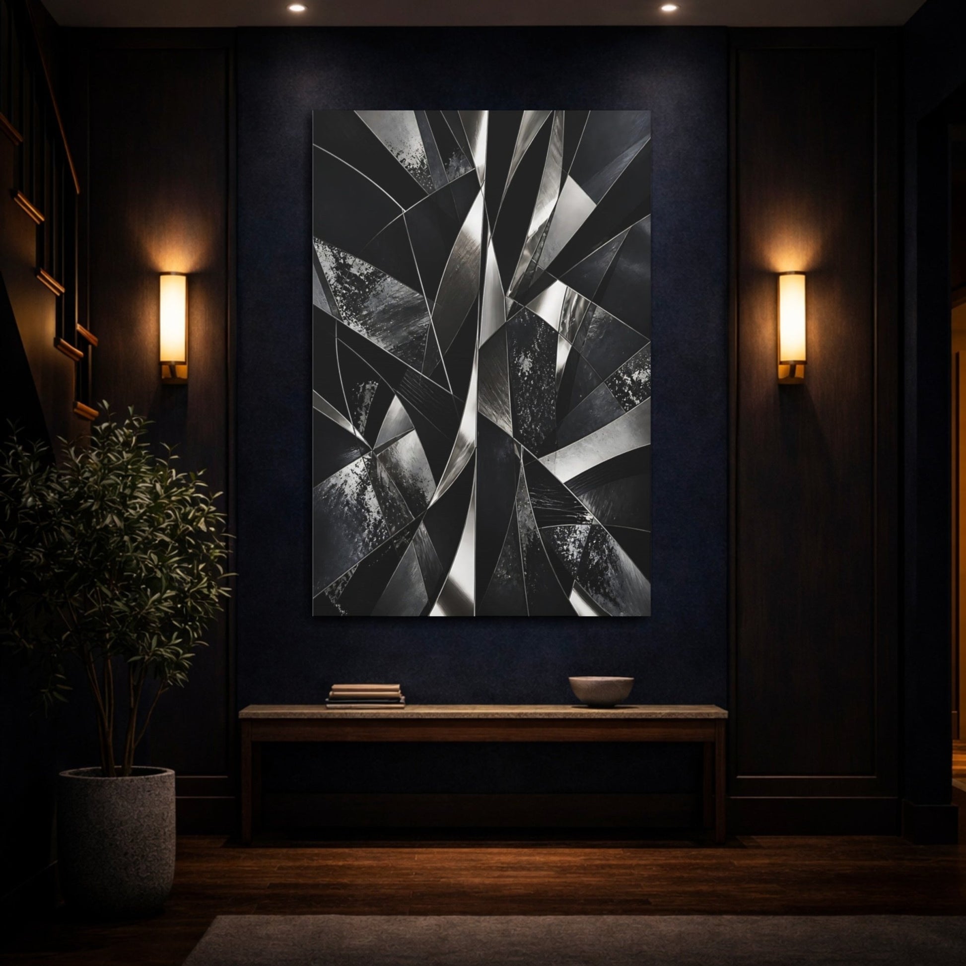 Abstract Geometric Shapes Black And Silver Canvas Print – Living Room, Large Wall - YesArtYes