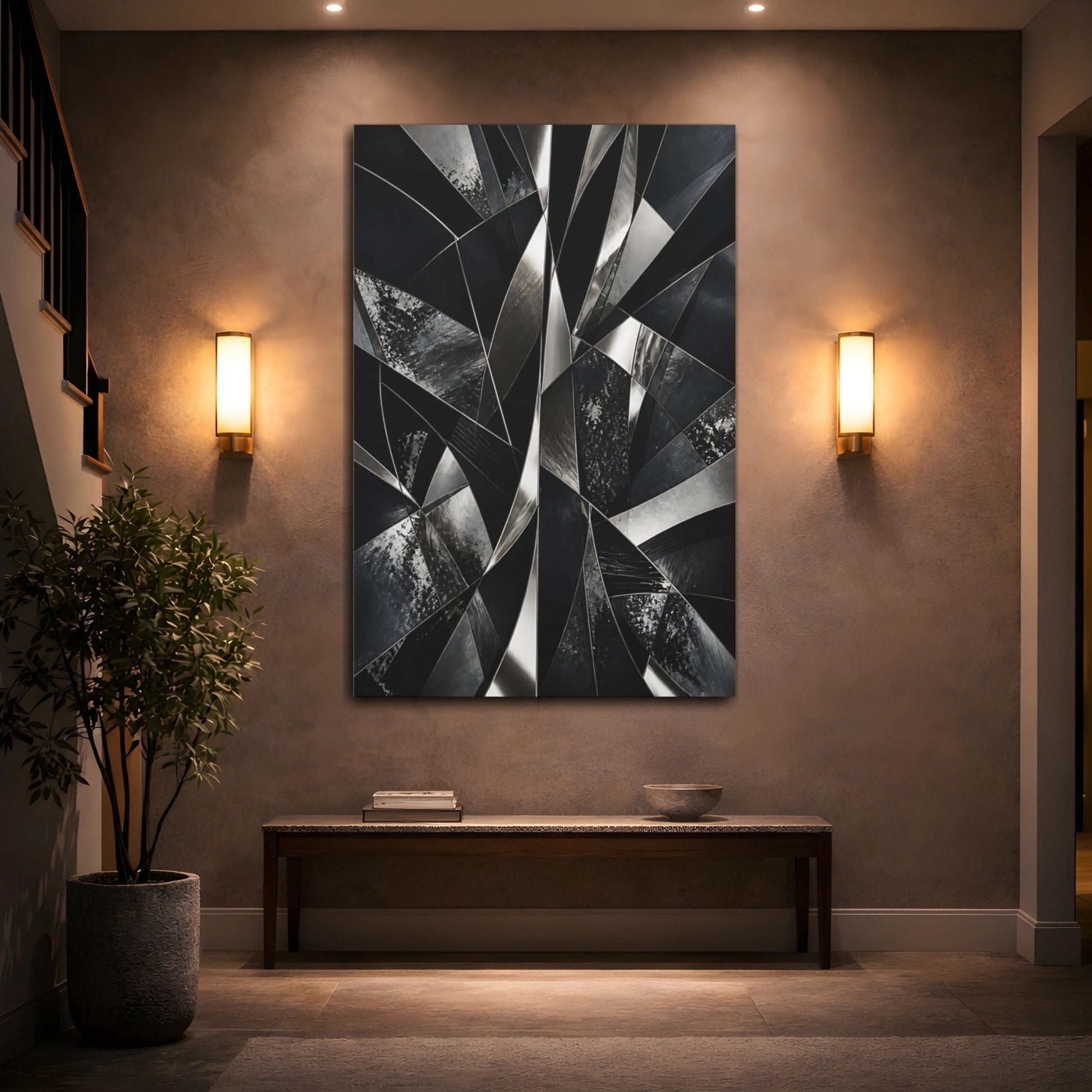 Abstract Geometric Shapes Black And Silver Canvas Print – Living Room, Large Wall - YesArtYes