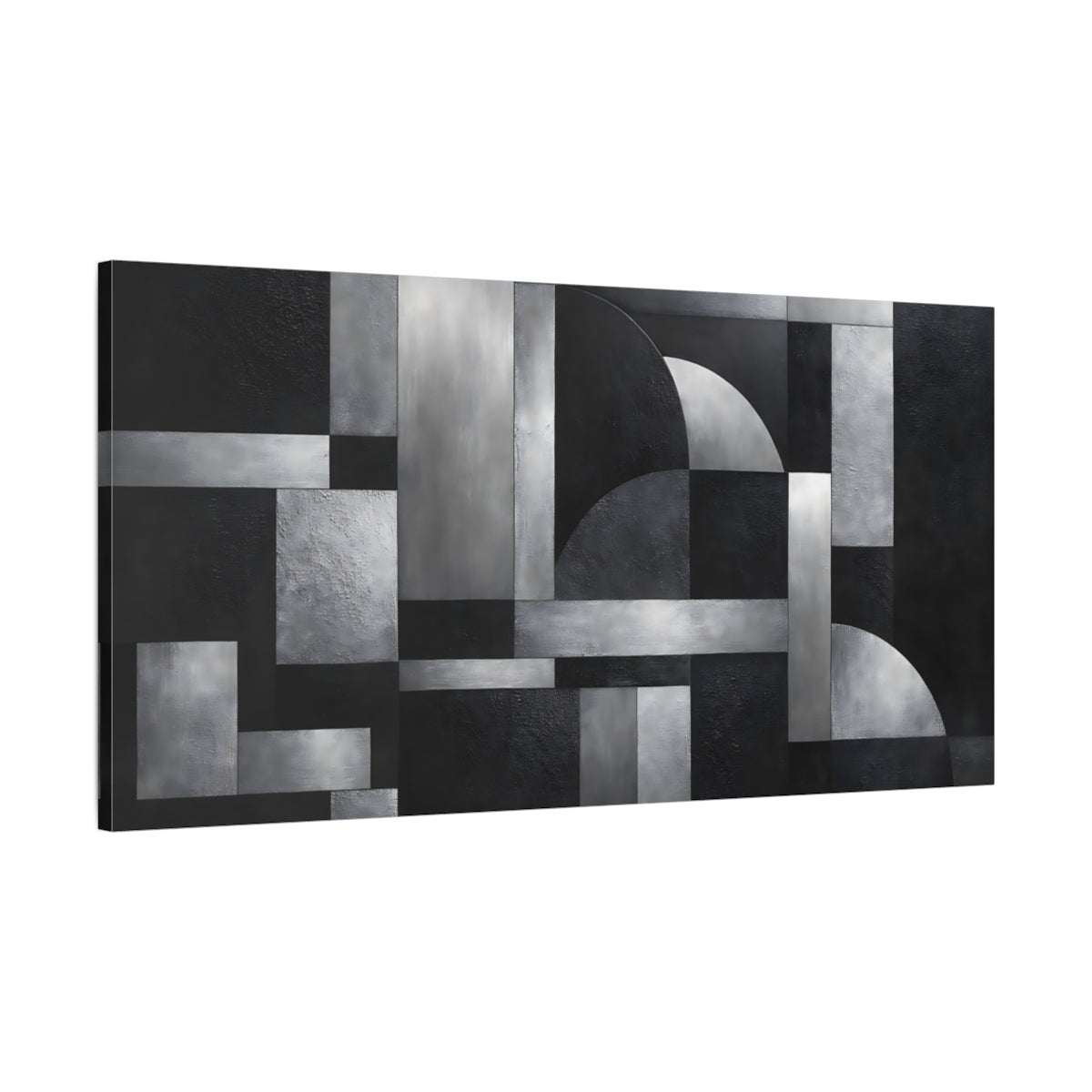 Side Mockup 1. Abstract Geometric Shapes Black And Silver Abstract shown as stretched canvas wall art