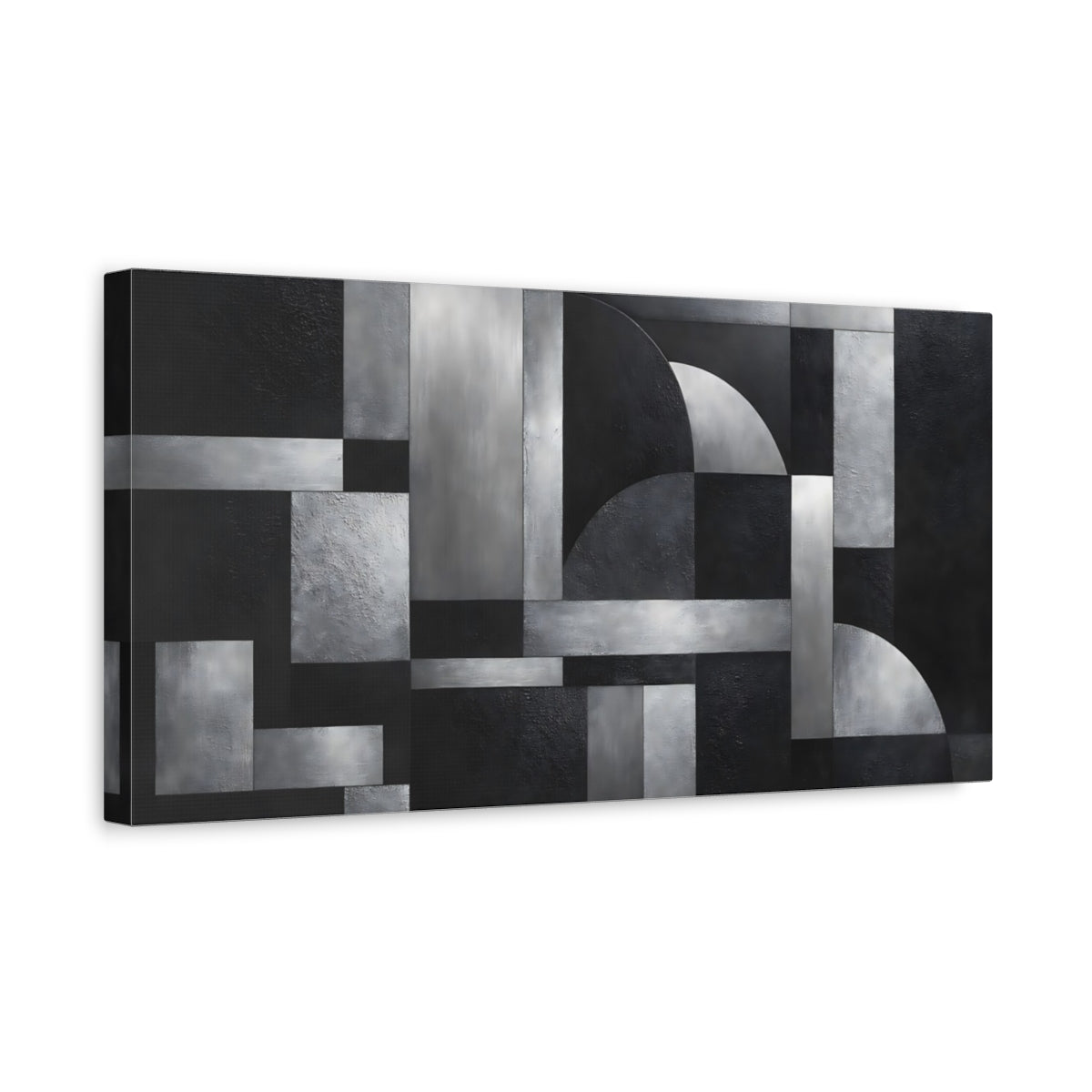 Side Mockup 3. Abstract Geometric Shapes Black And Silver Abstract shown as stretched canvas wall art