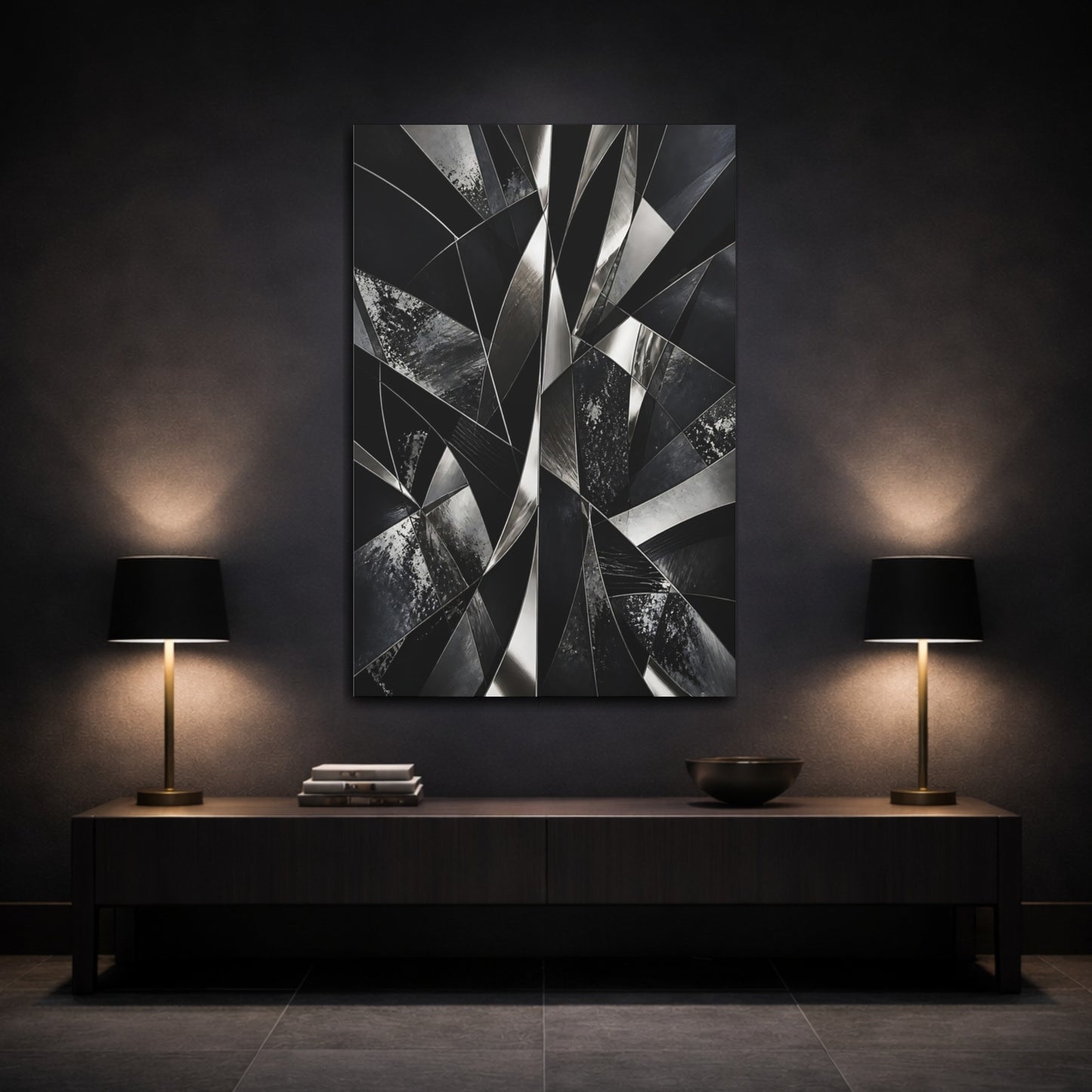 Mockup 3. Abstract Geometric Shapes Black And Silver shown as stretched canvas wall art