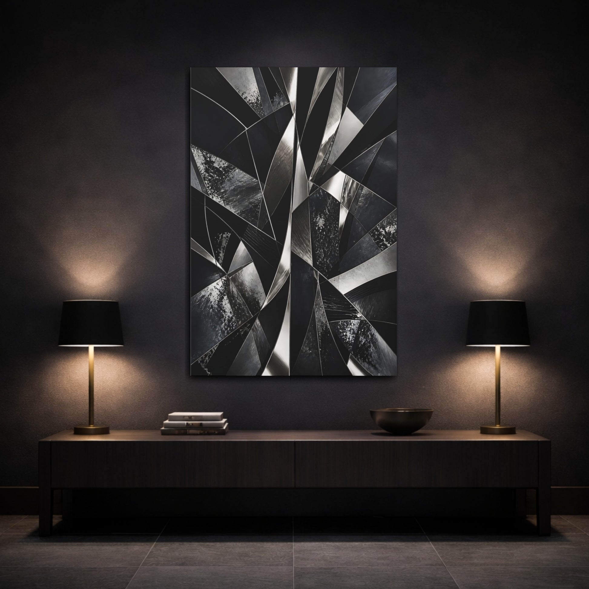 Mockup 3. Abstract Geometric Shapes Black And Silver shown as stretched canvas wall art